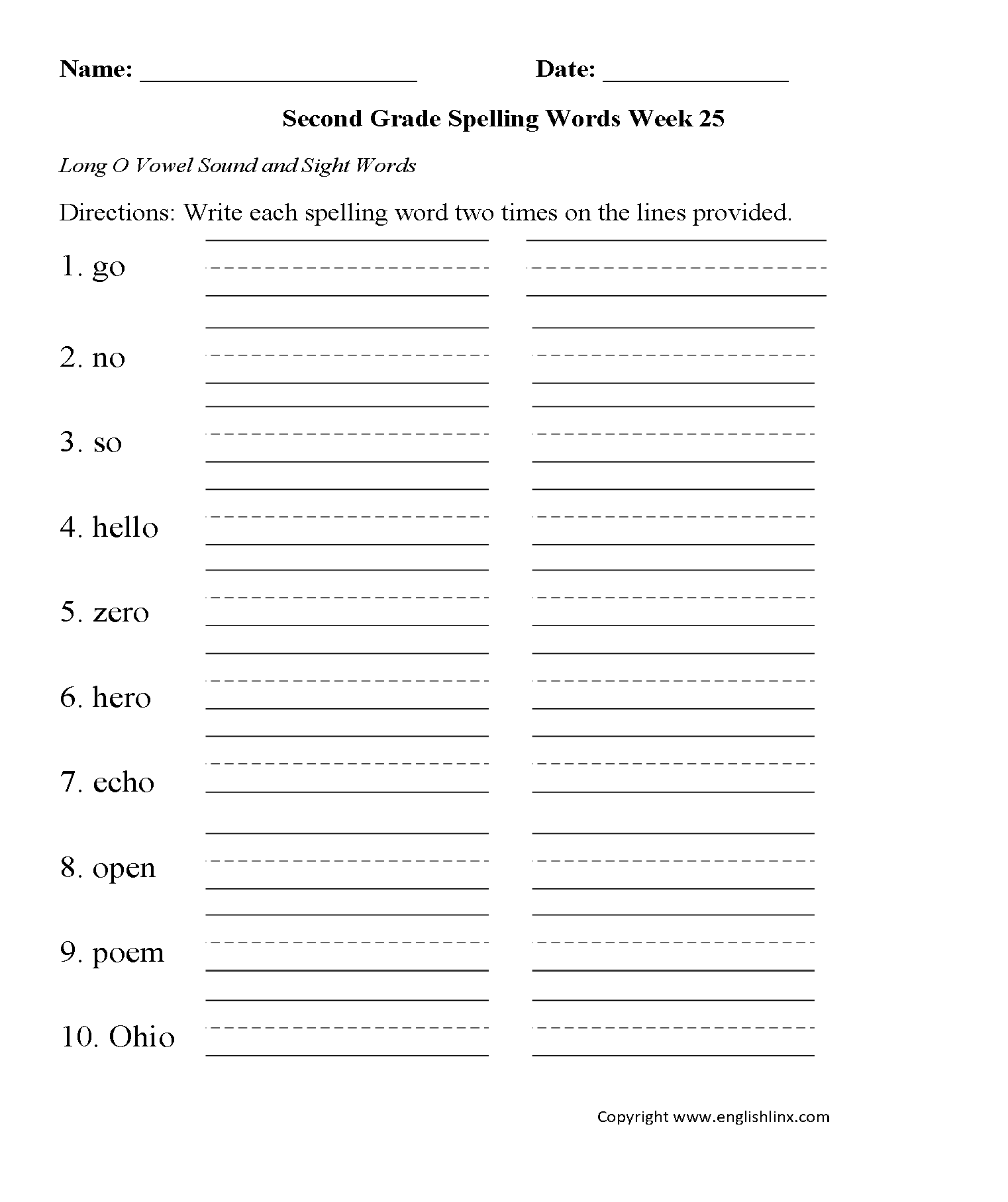 Week 25 Long O Vowel Second Grade Spelling Worksheets