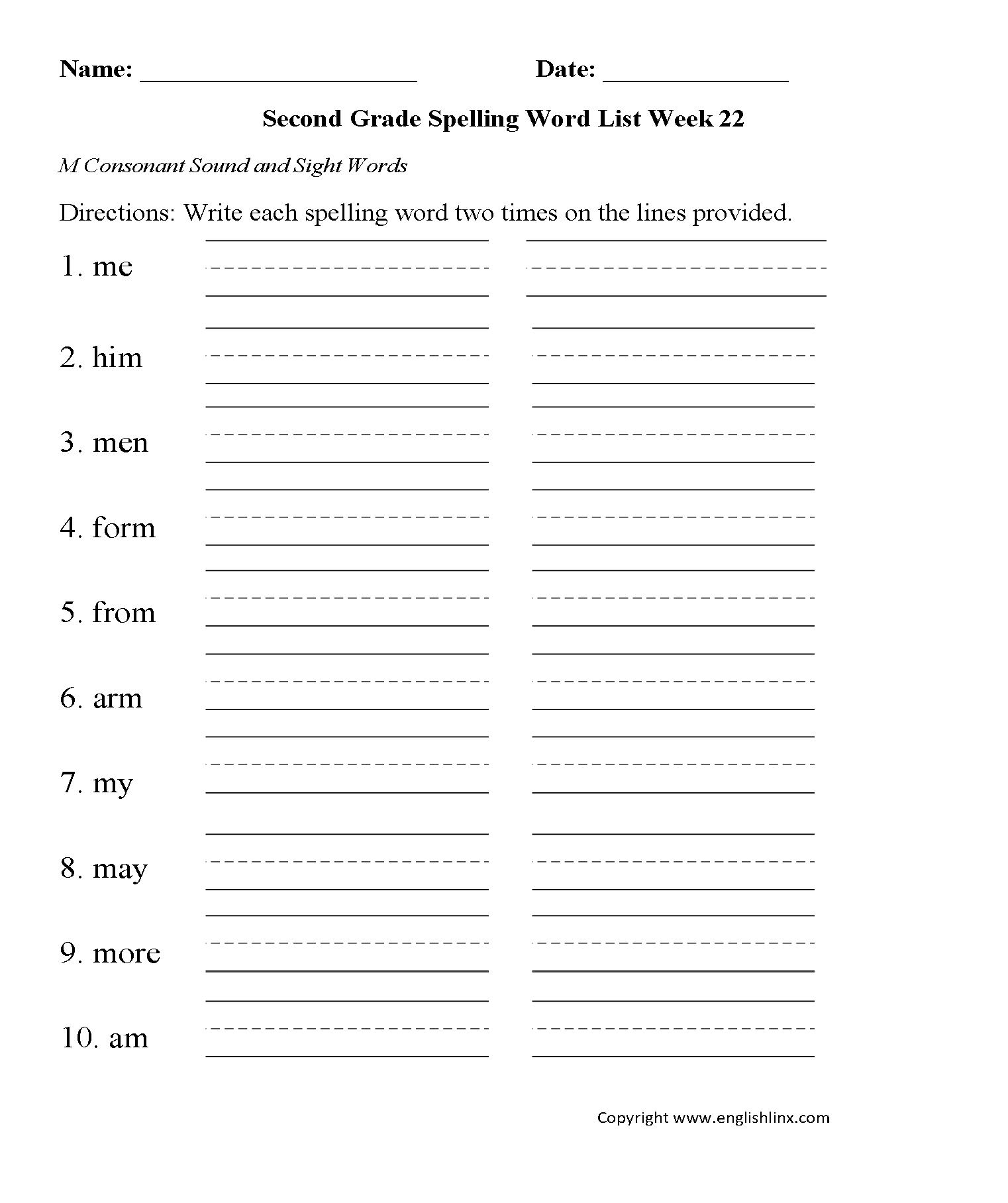 Week 22 M Consonant Second Grade Spelling Worksheets