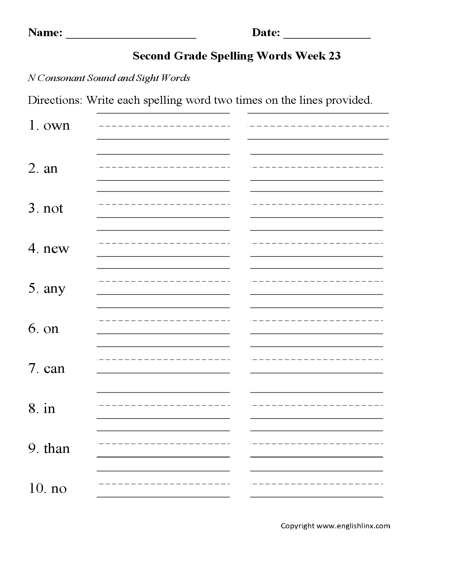 Week 23 N Consonant Second Grade Spelling Worksheets