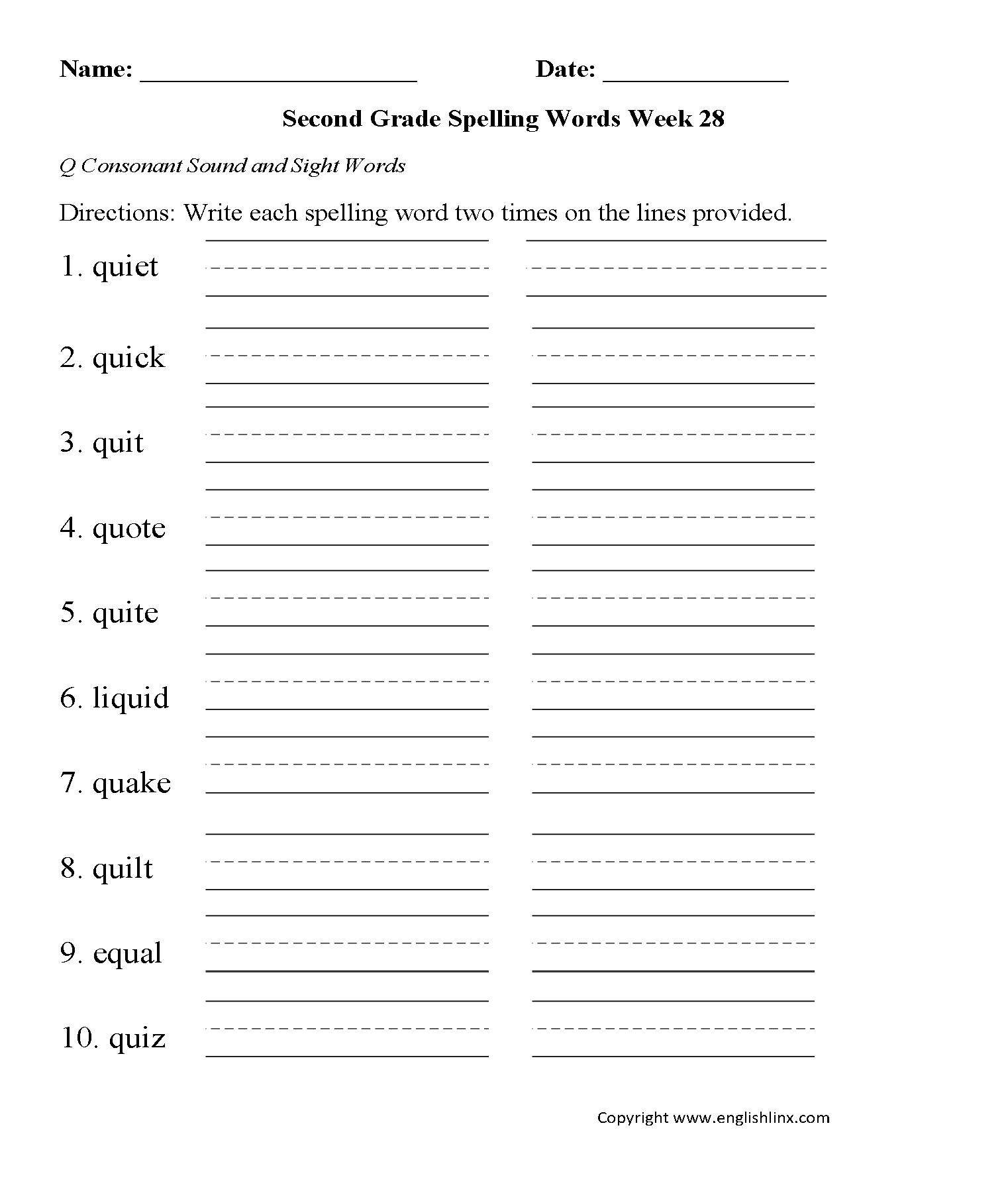 Week 28 Q Consonant Second Grade Spelling Worksheets
