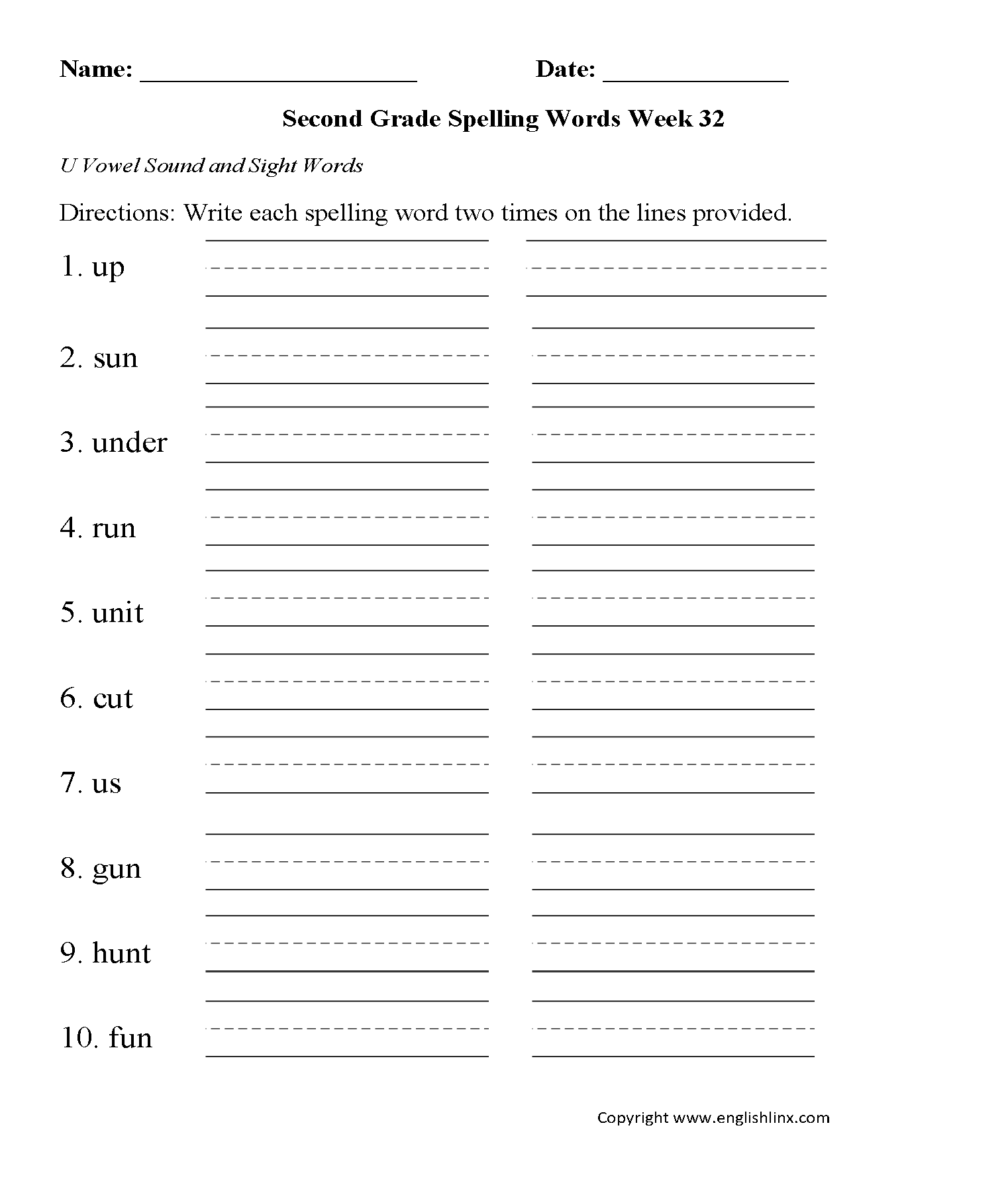 Week 32 U Vowel Second Grade Spelling Worksheets