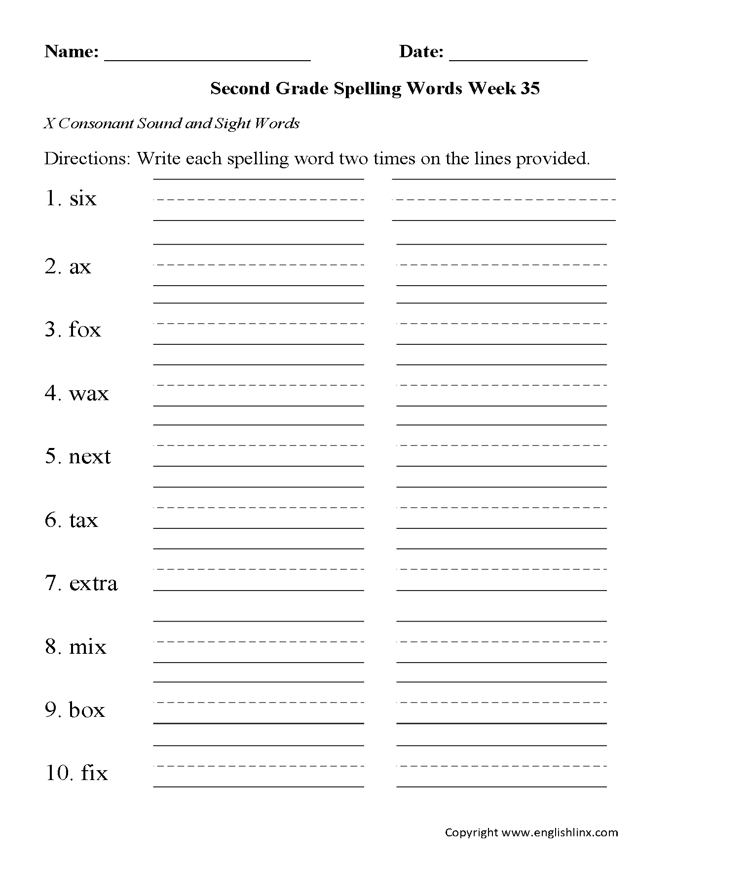 Week 35 X Consonant Second Grade Spelling Worksheets