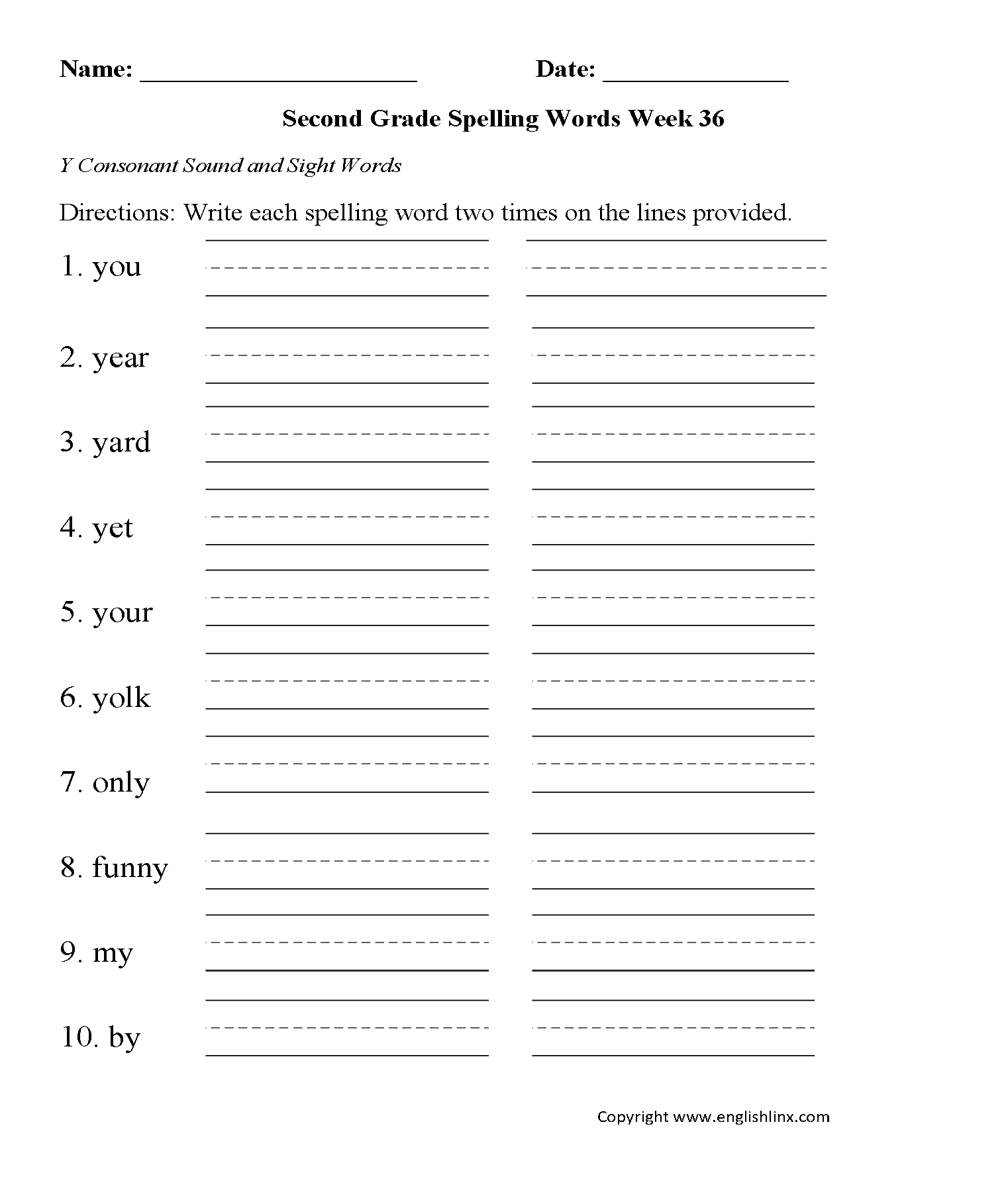 Week 36 Y Consonant Second Grade Spelling Worksheets