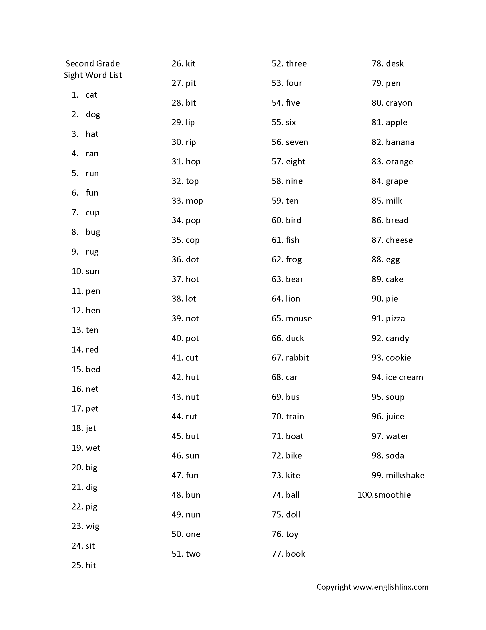Second Grade Spelling Words List Worksheets