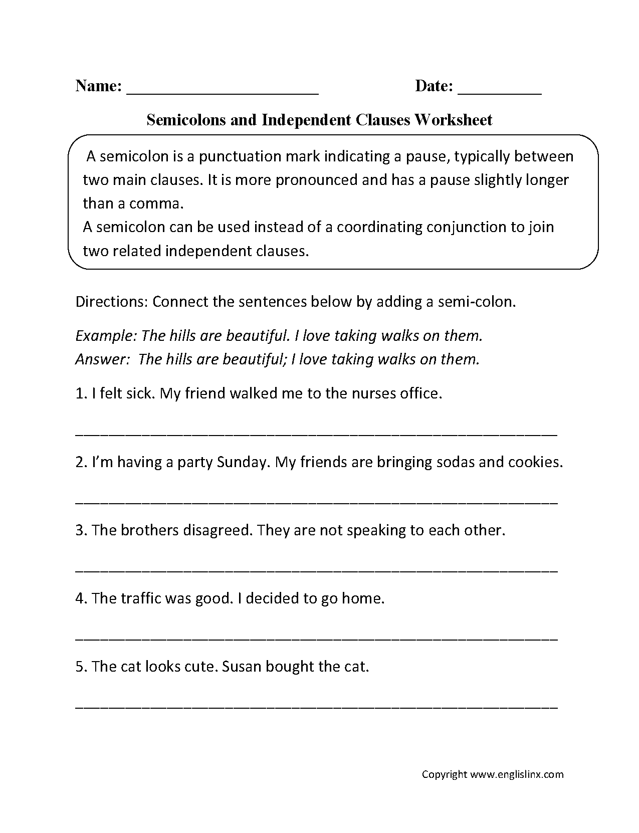 Punctuation Worksheets | Semicolon Worksheets