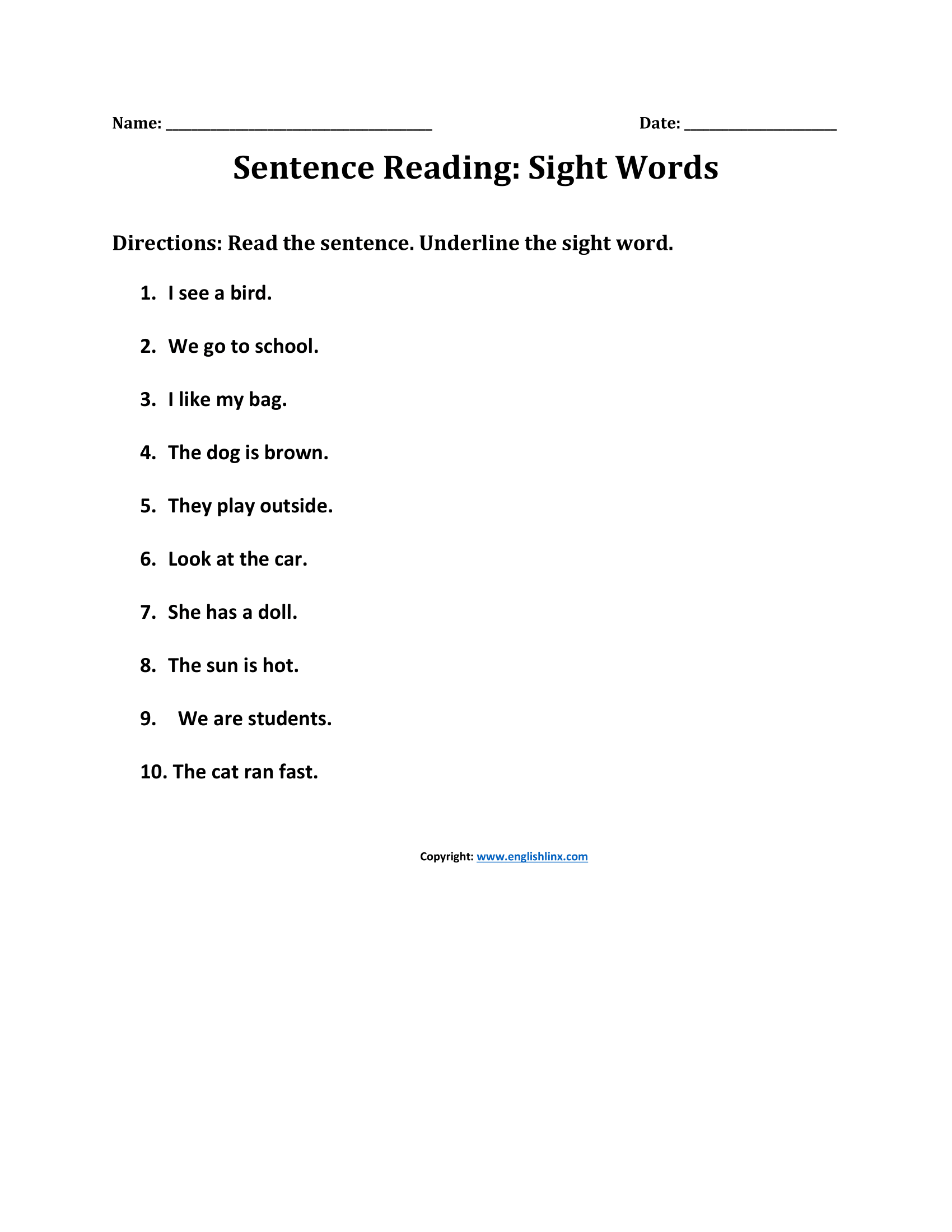 Sentence Reading First Grade Sight Words Worksheets