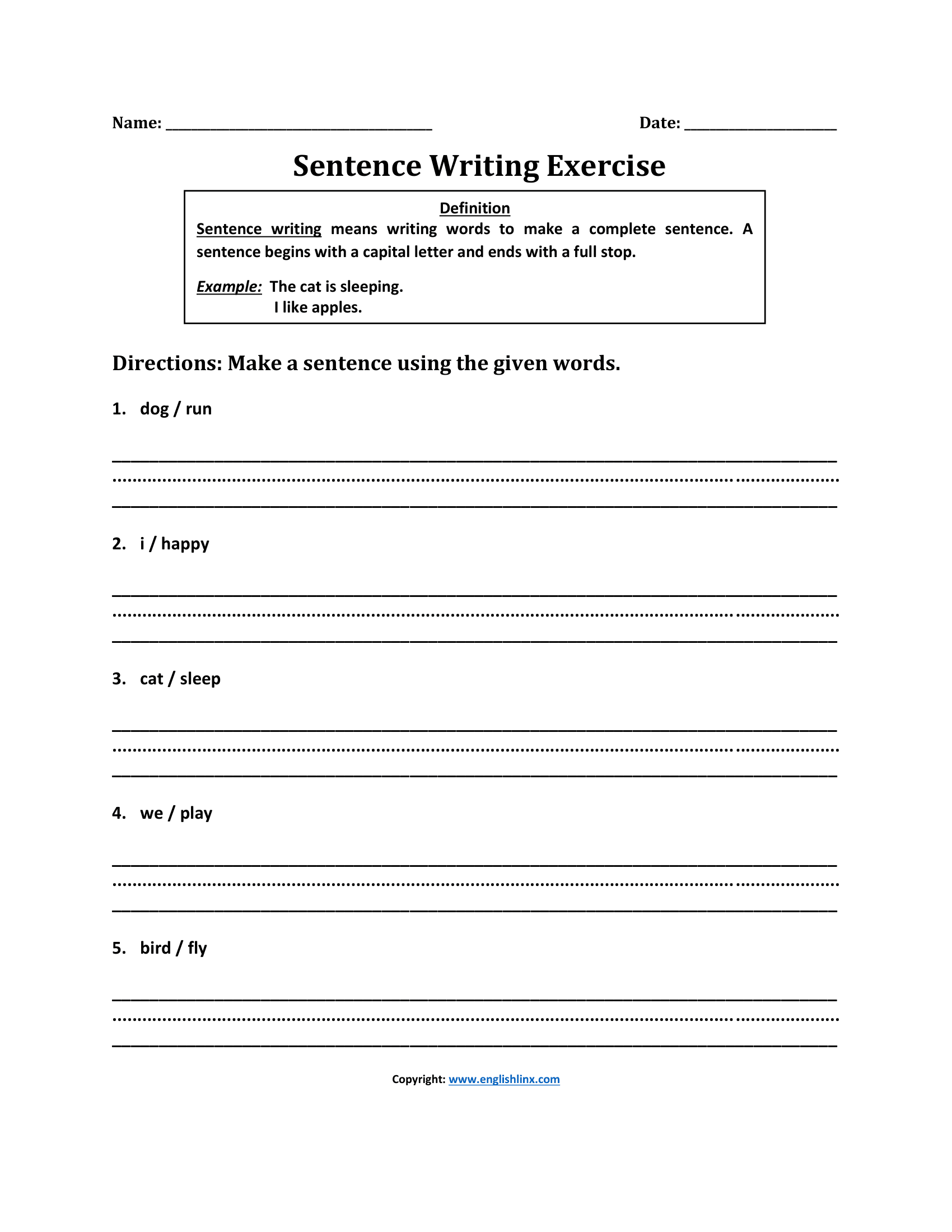 Exercise Sentence Writing Worksheets