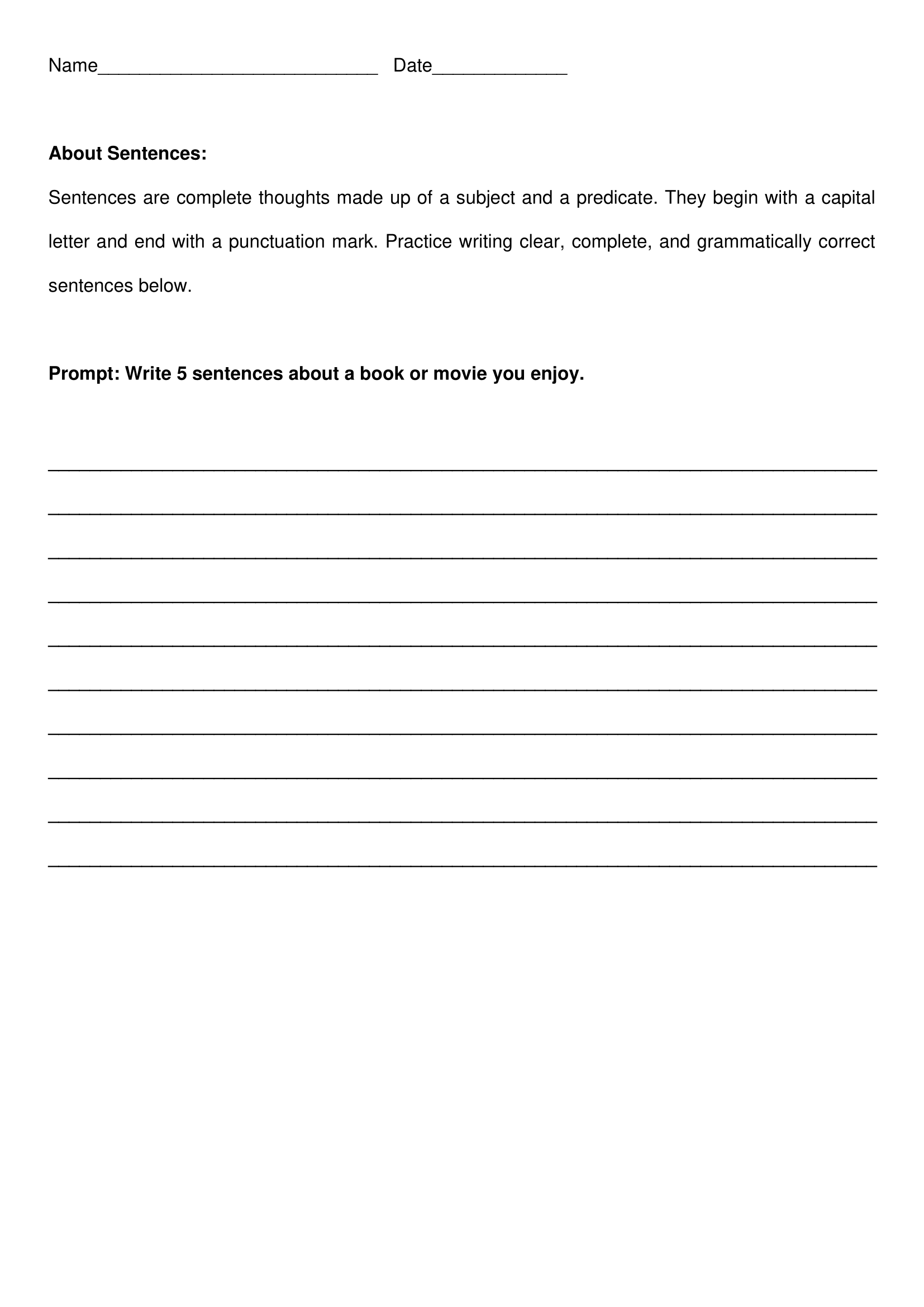 My Favorite Movie Sentence Writing Worksheets