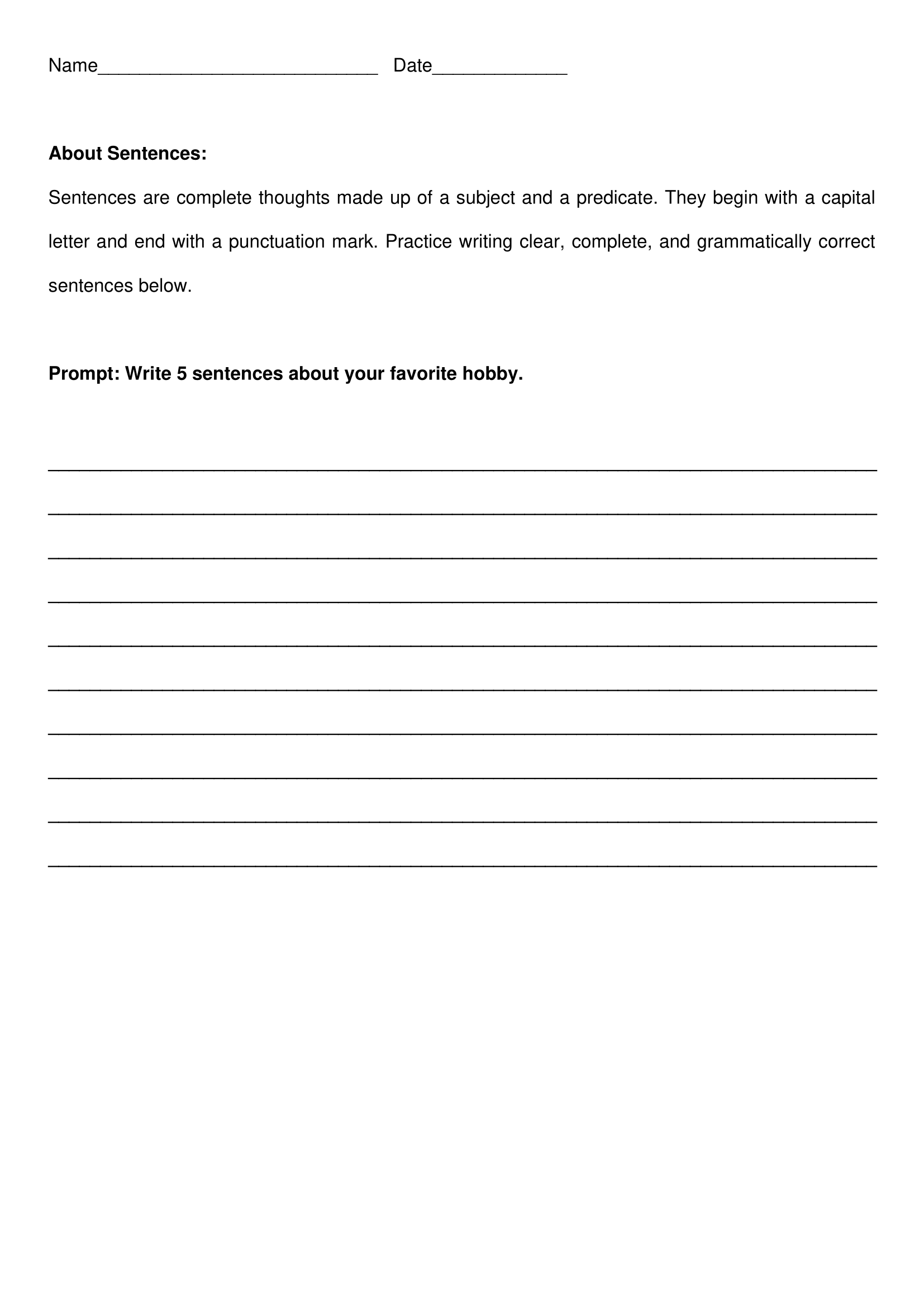 My Hobby Sentence Writing Worksheets