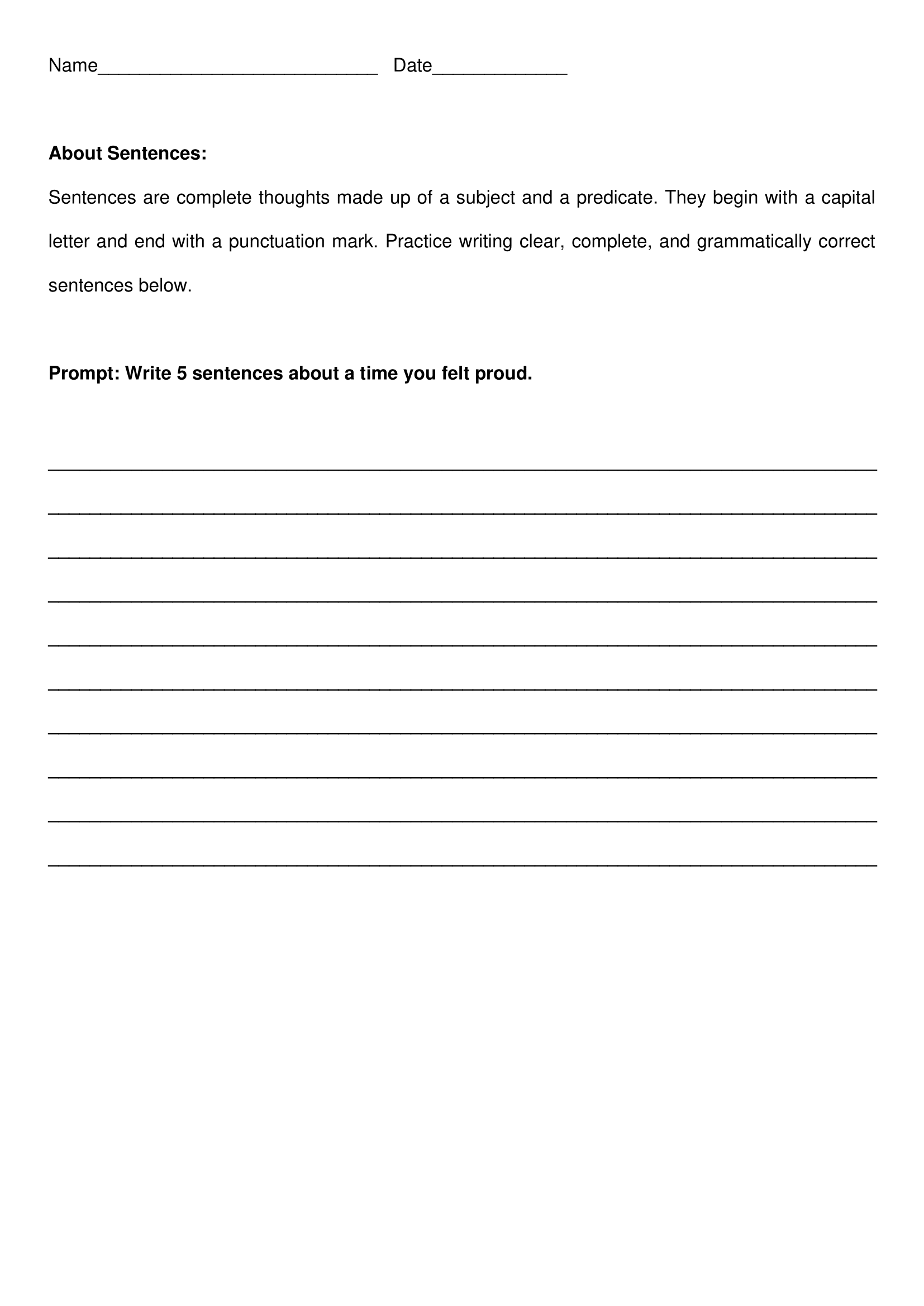 Proud Day Sentence Writing Worksheets