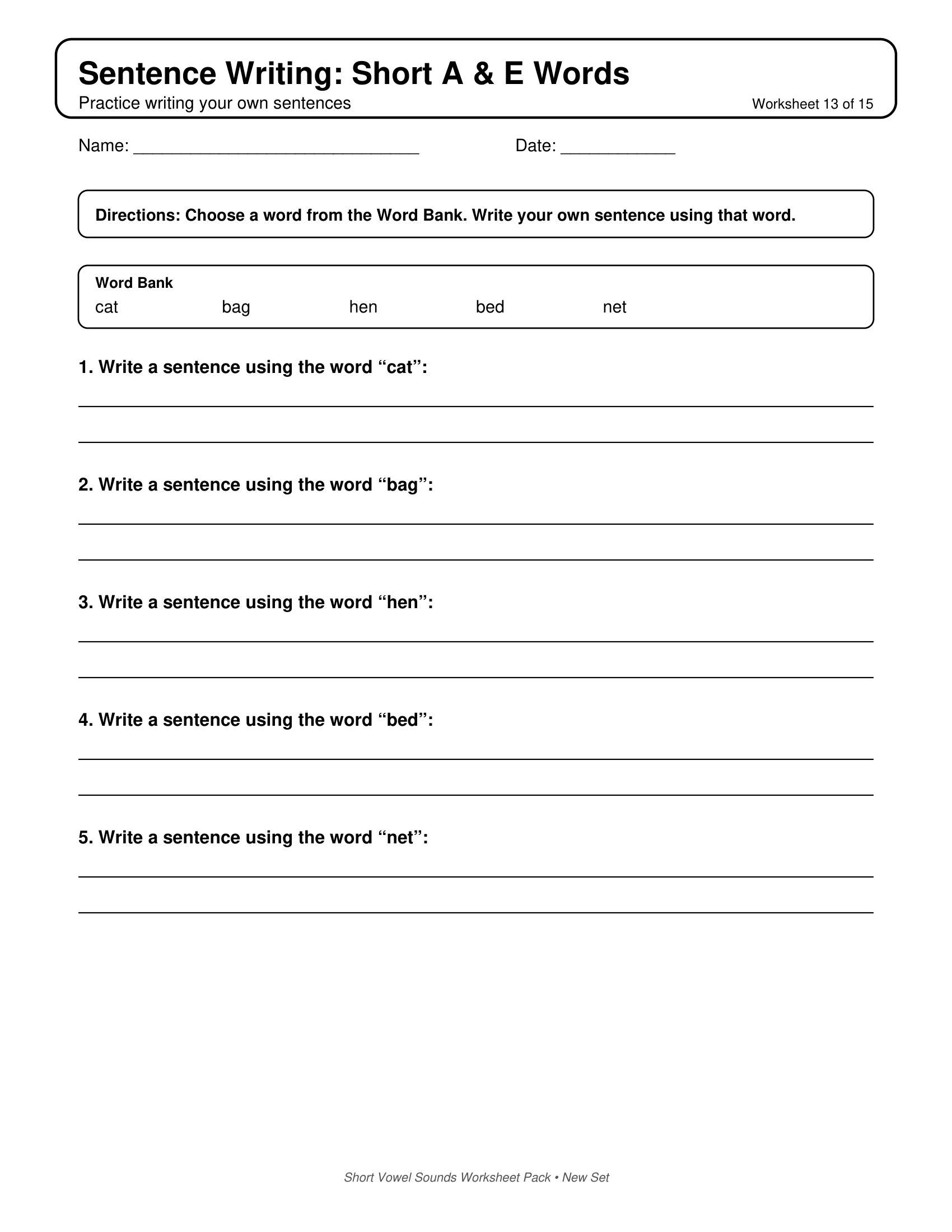 Sentence Writing Short A to E Short Vowels Sounds Worksheets