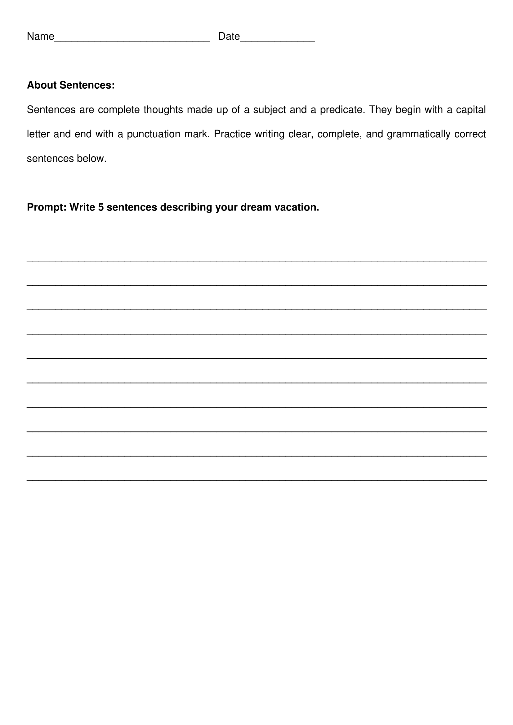 Vacation Sentence Writing Worksheets