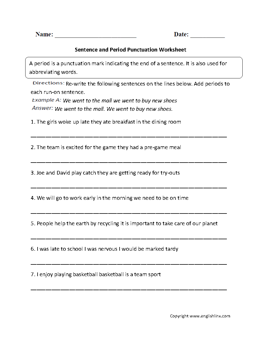 Sentence and Period Worksheet