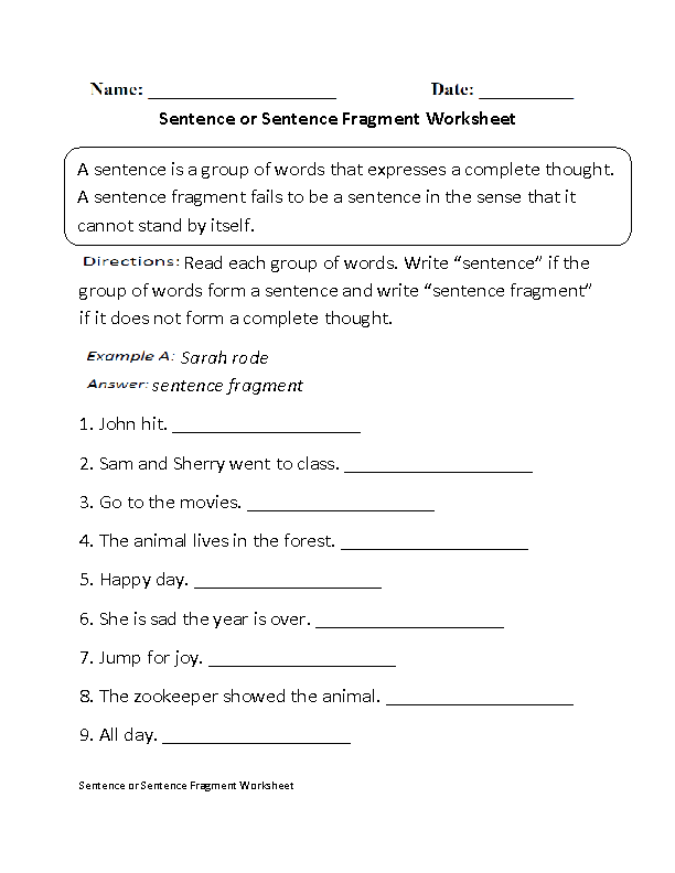 Sentence or Fragment Worksheet