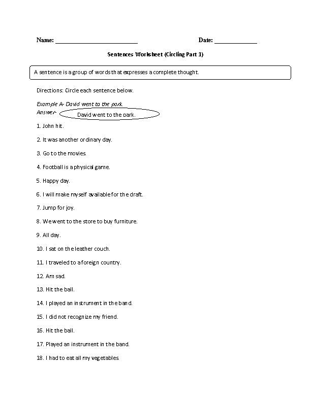 Practicing Simple Sentences Worksheet