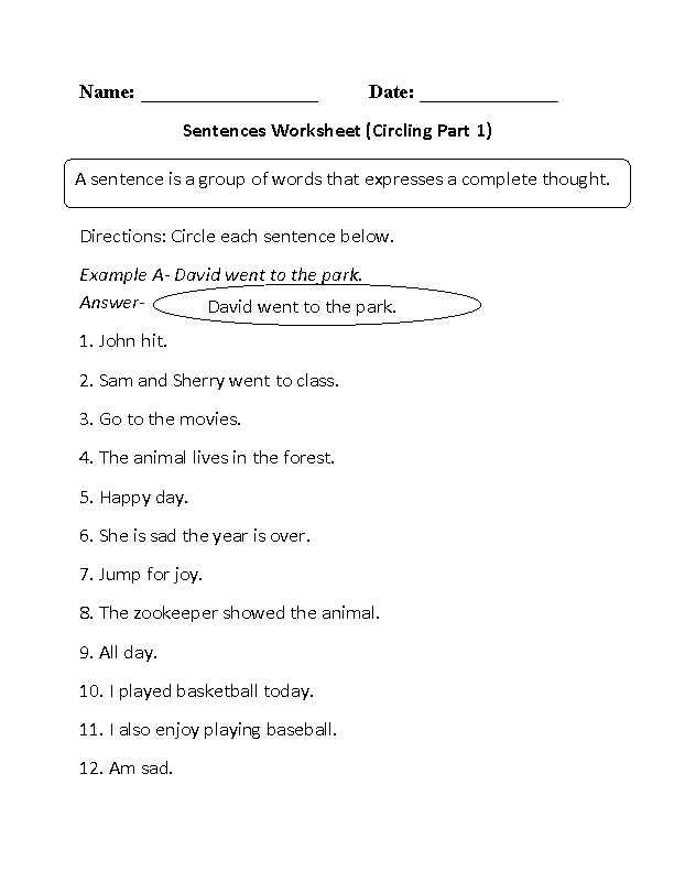 Circling Simple Sentences Worksheet