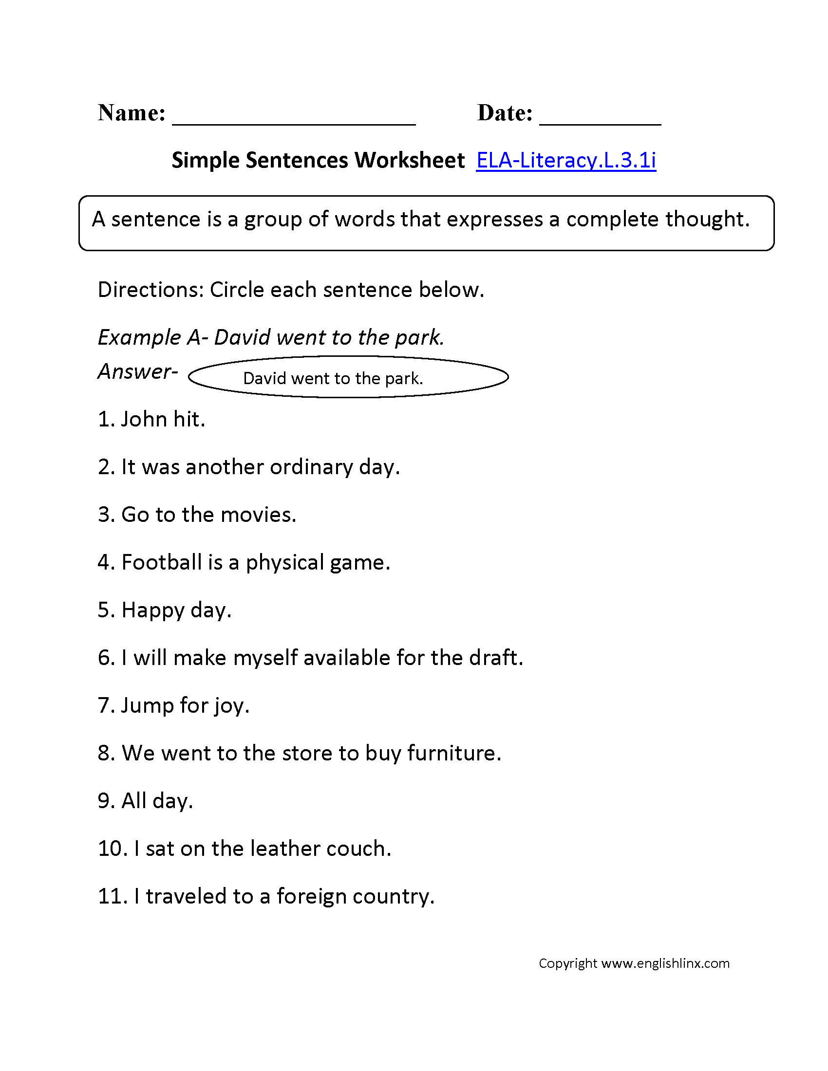 Simple Sentence Worksheet 1 ELA-Literacy.L.3.1i Language Worksheet