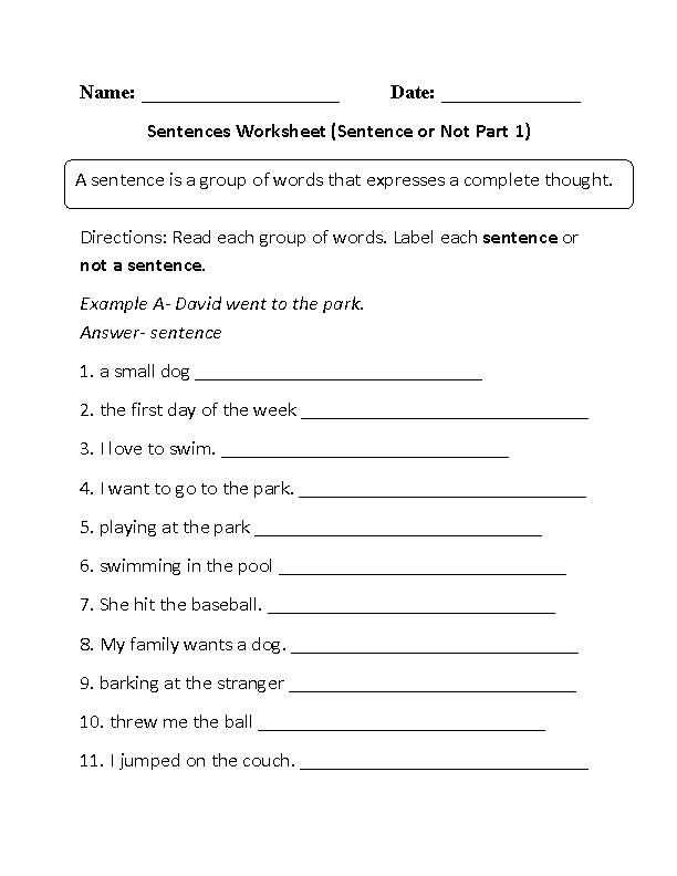 Sentence or Not Simple Sentences Worksheet