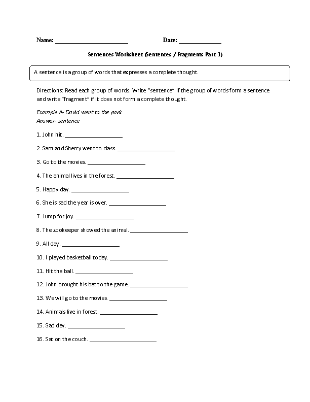 Sentence or Sentence Fragment Simple Sentences Worksheet