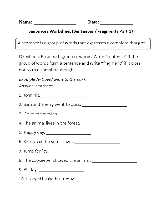 Sentence or Fragment Simple Sentences Worksheet Part 1