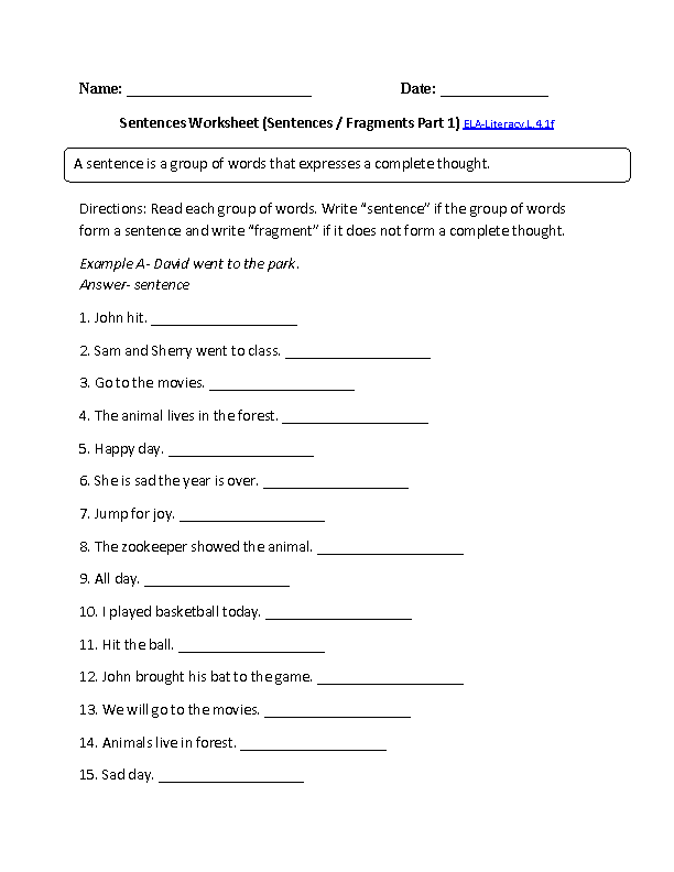 Sentence or Fragment 1 ELA-Literacy.L.4.1f Language Worksheet