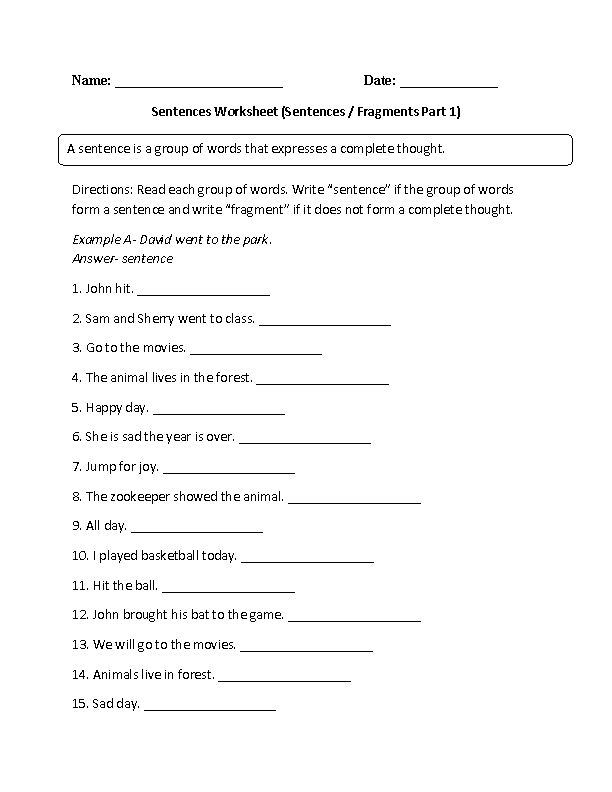 Sentence or Fragment Simple Sentences Worksheet