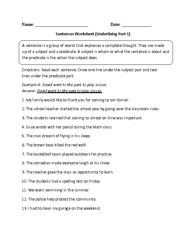 Underlining Simple Sentences Worksheet