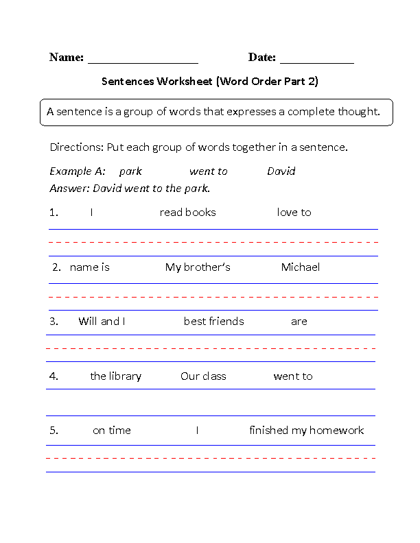 Word Order Simple Sentences Worksheet Part 2