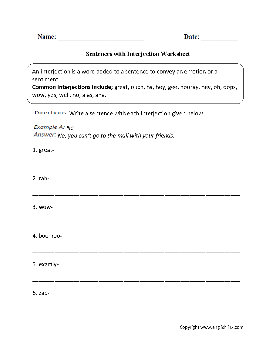 Sentences with Interjection Worksheet
