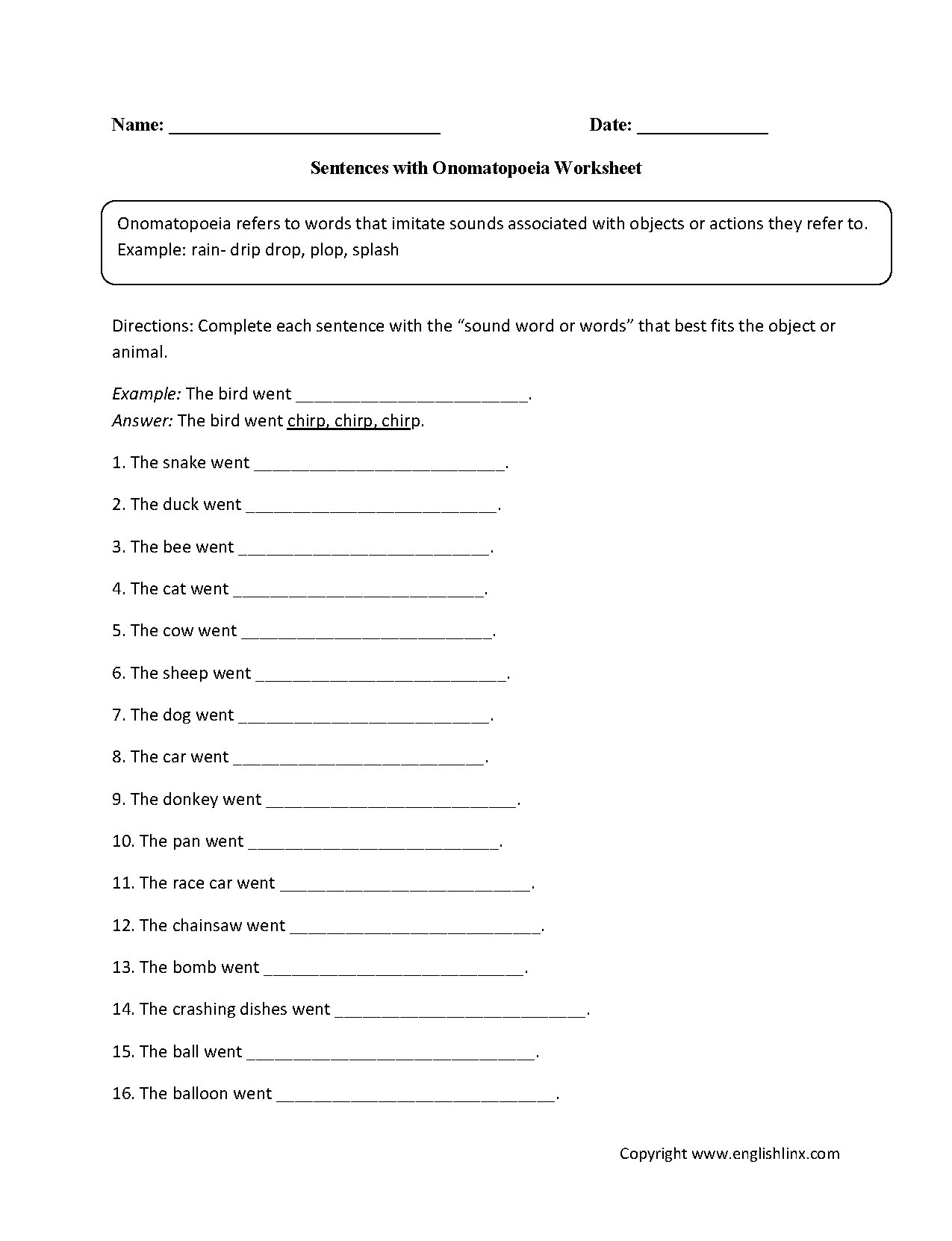 Sentences with Onomatopoeia Worksheet