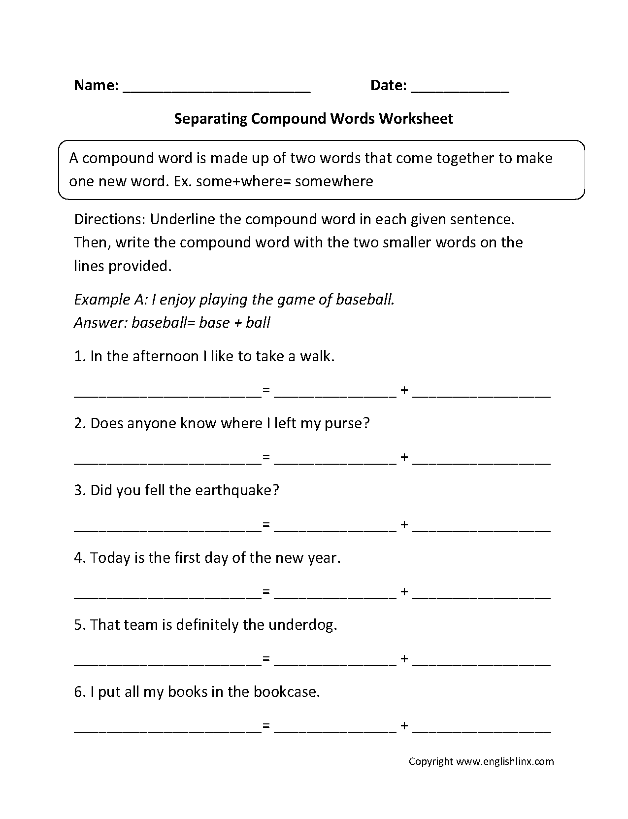 Separating Compound Words Worksheet