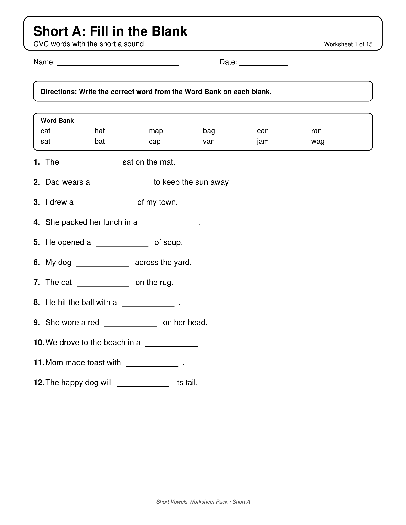 Short A Fill In Short Vowels Worksheets