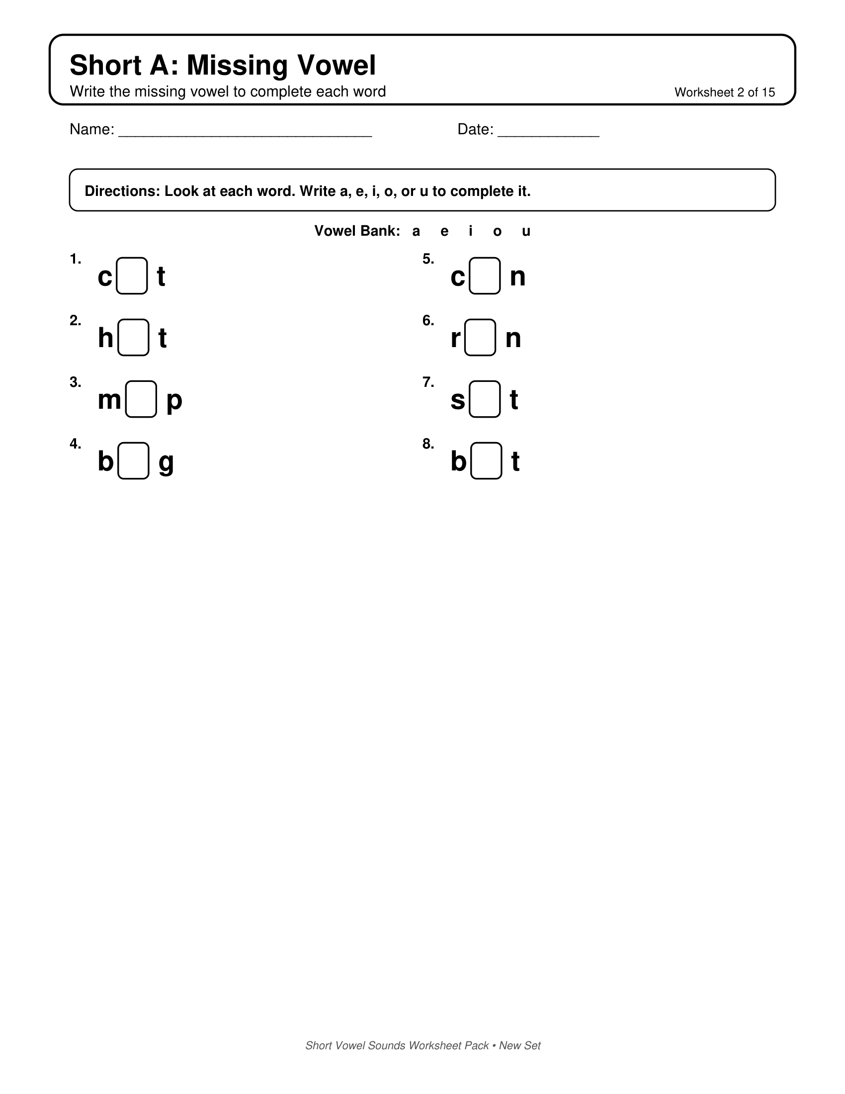 Short A Missing Vowel Short Vowels Sounds Worksheets