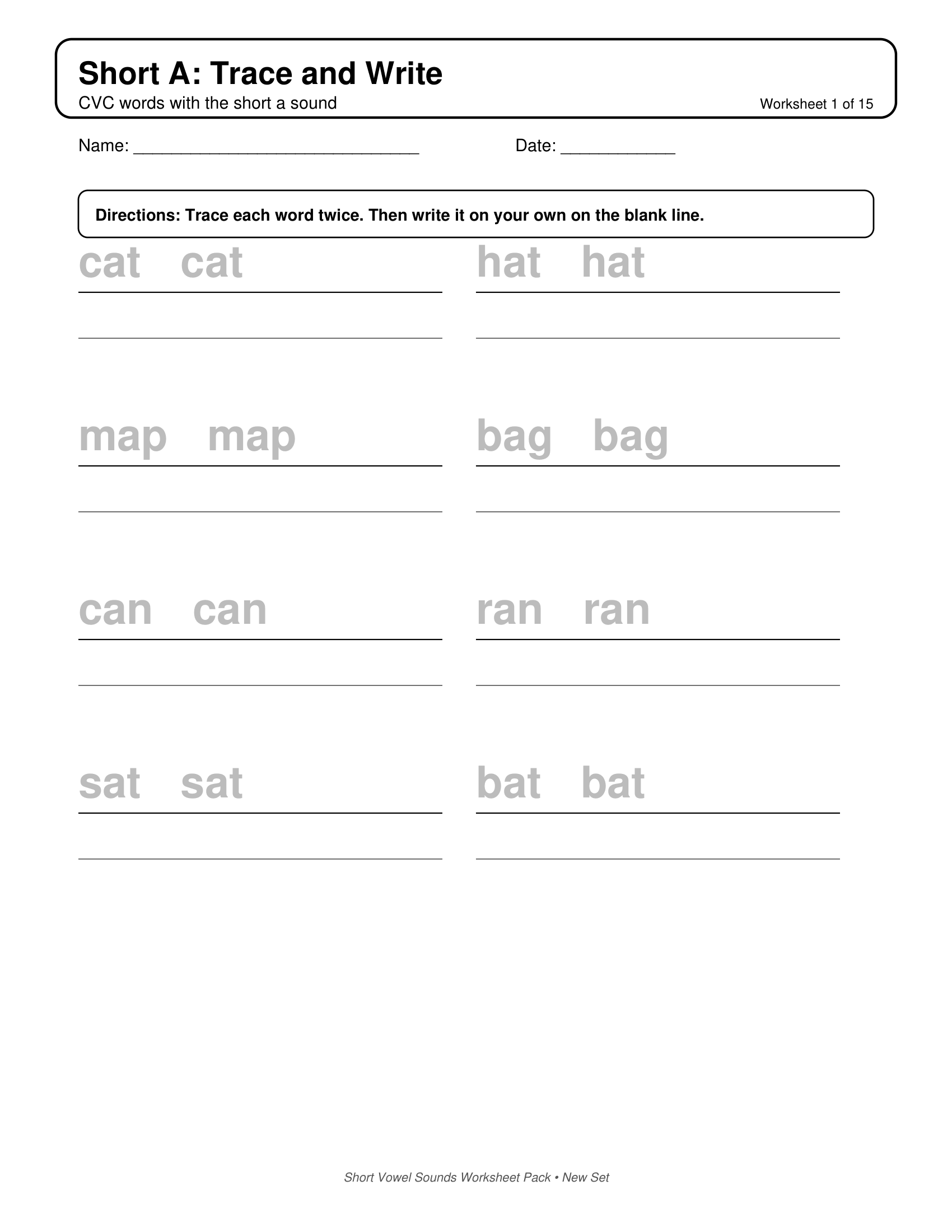 Short A Trace and Write Short Vowels Sounds Worksheets