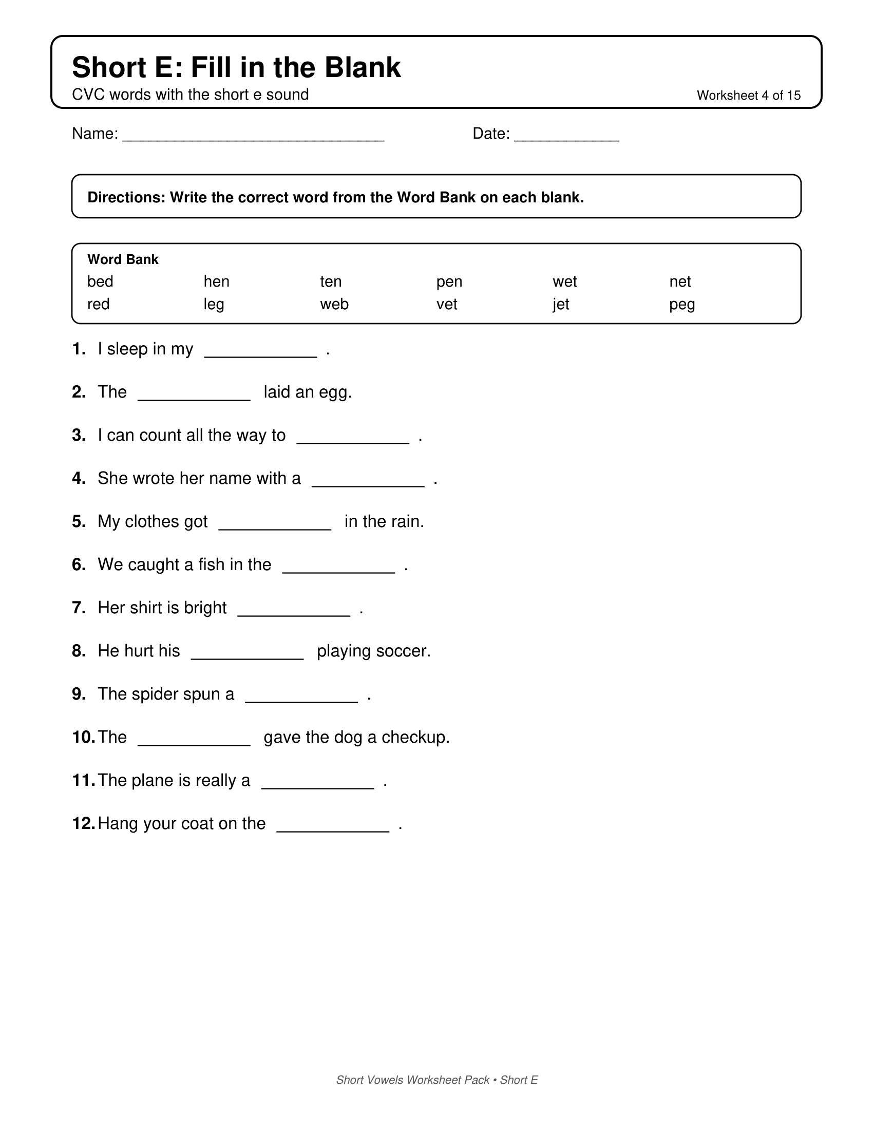 Short E Fill In Short Vowels Worksheets