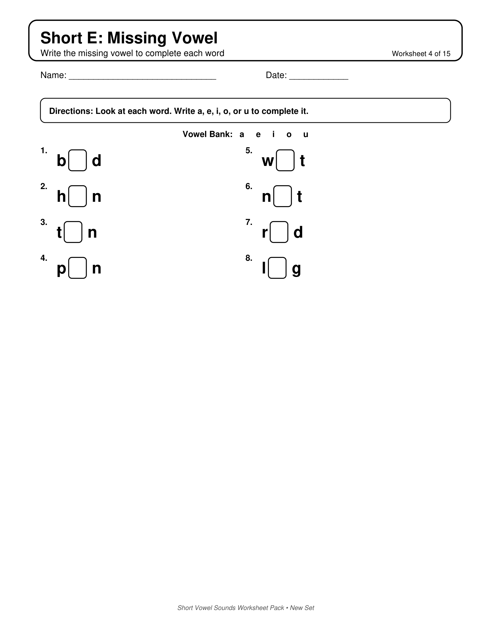Short E Missing Vowel Short Vowels Sounds Worksheets