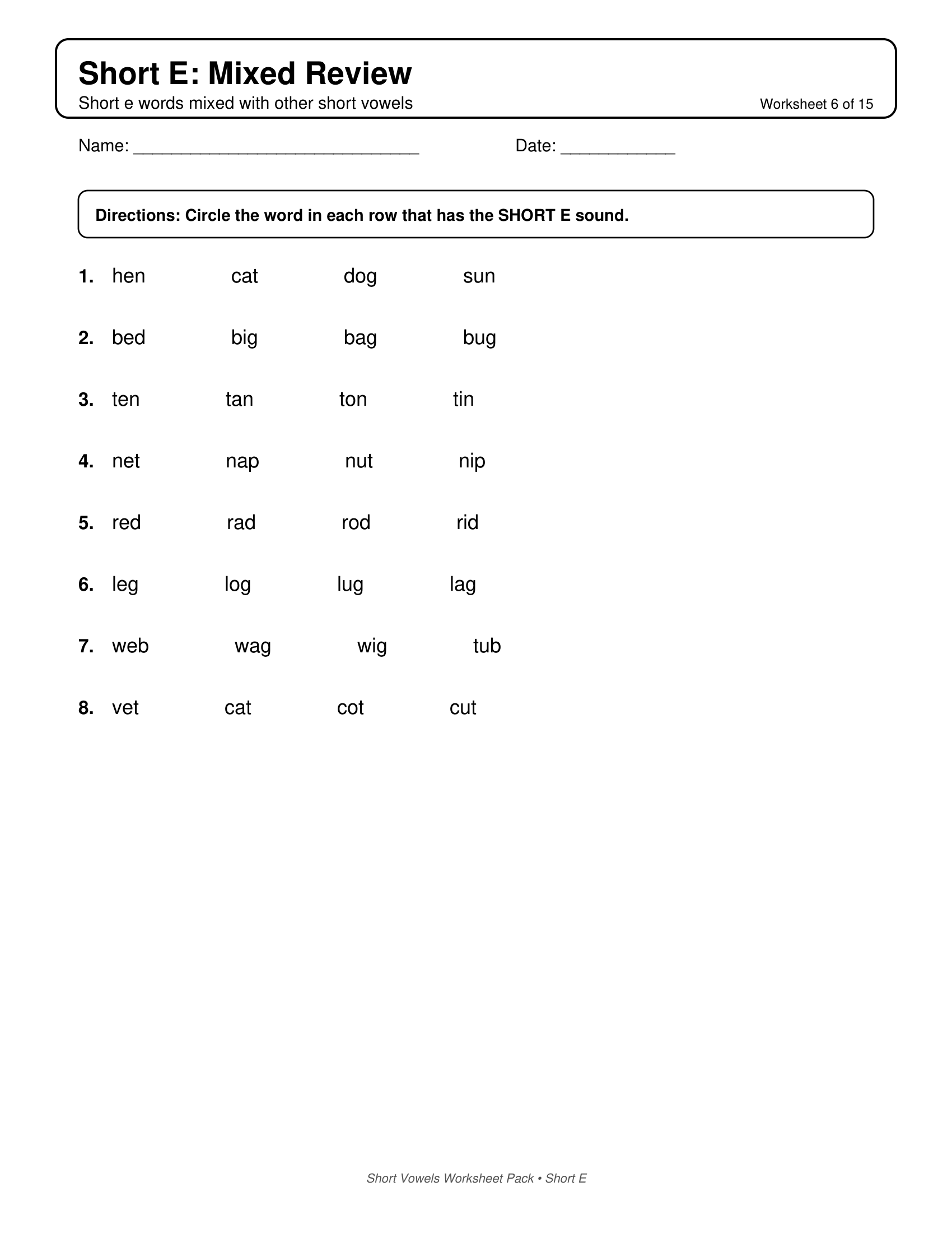 Short E Mixed Review Short Vowels Worksheets