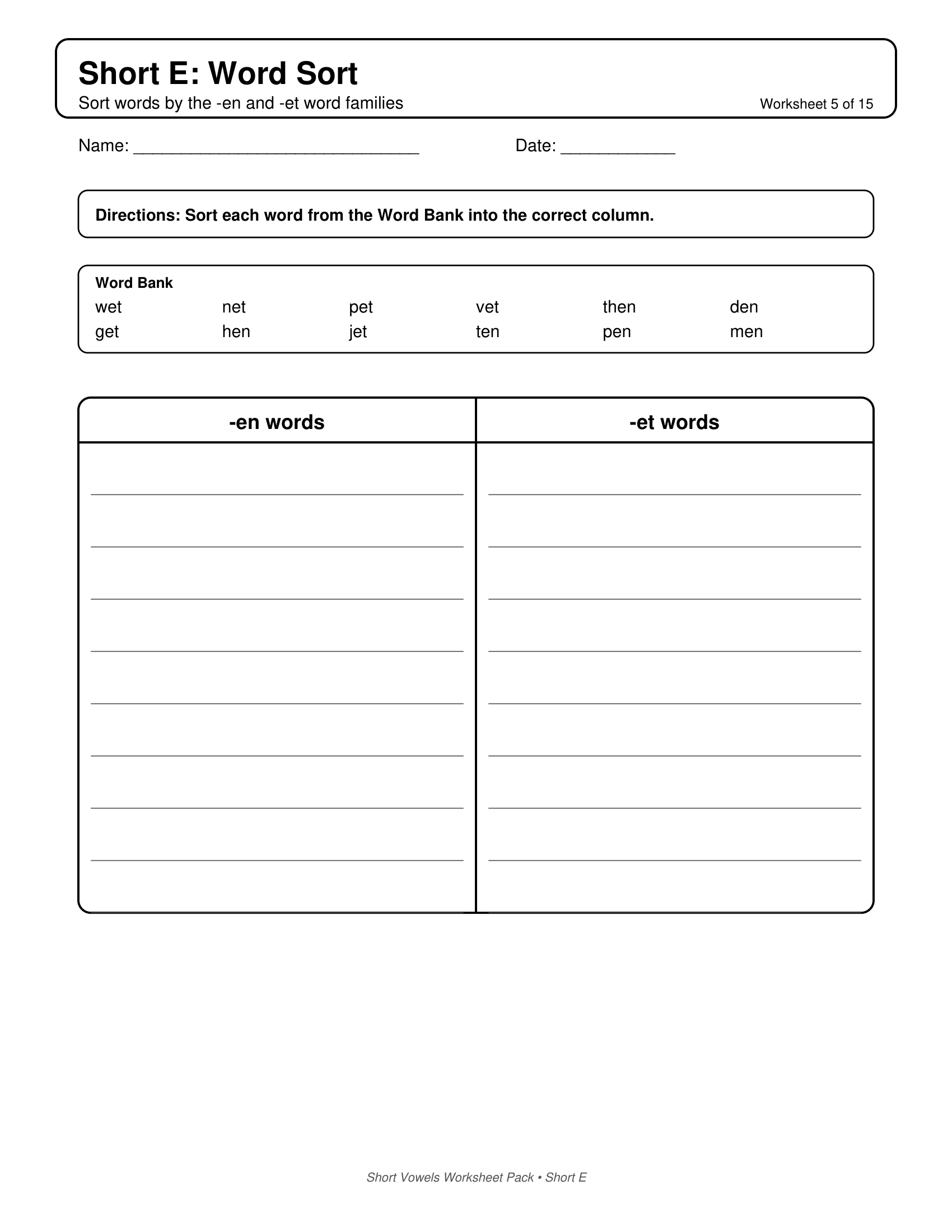 Short E Word Sort Short Vowels Worksheets