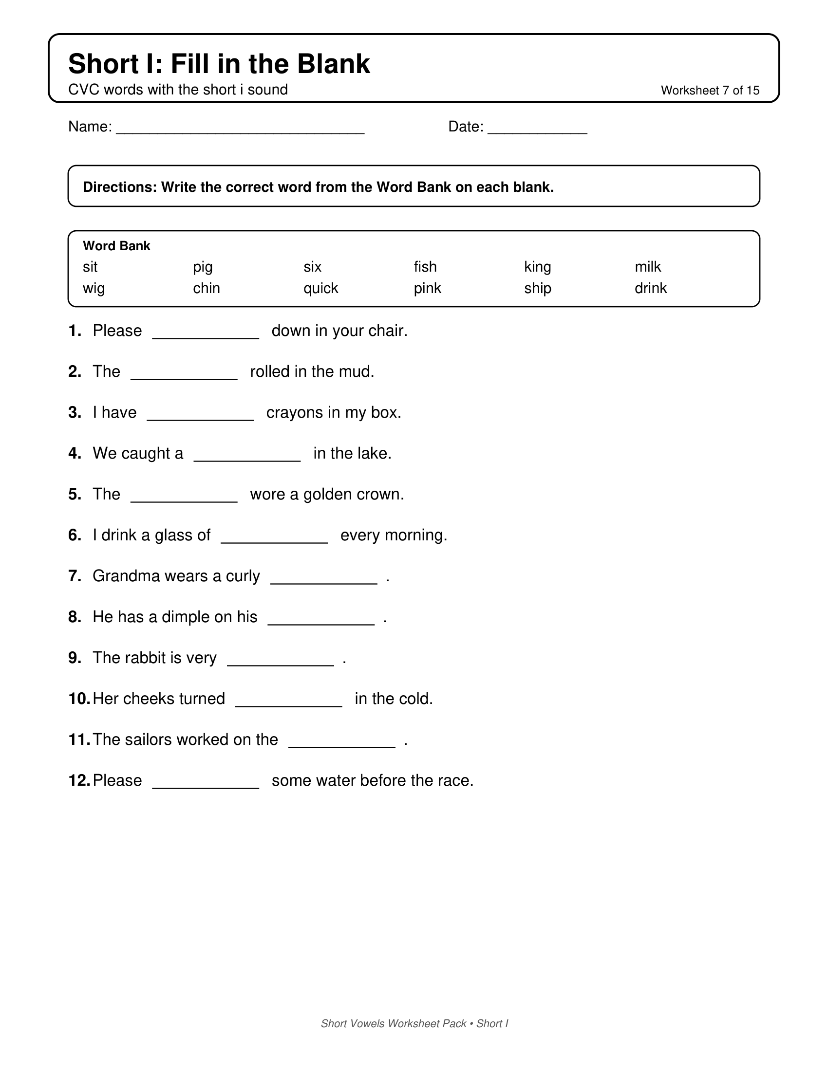 Short I Fill In Short Vowels Worksheets