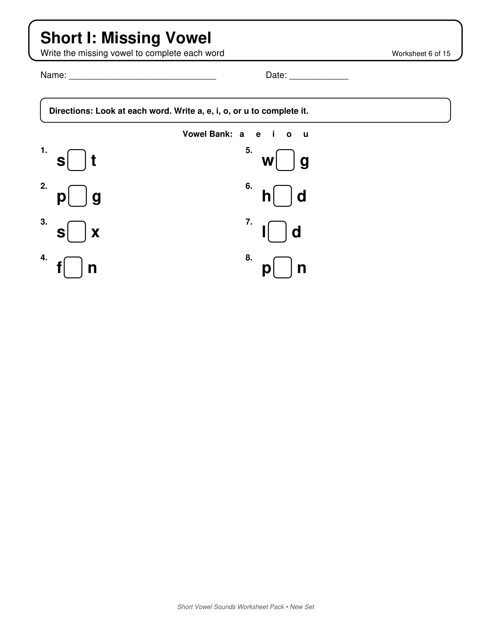 Short I Missing Vowel Short Vowels Sounds Worksheets