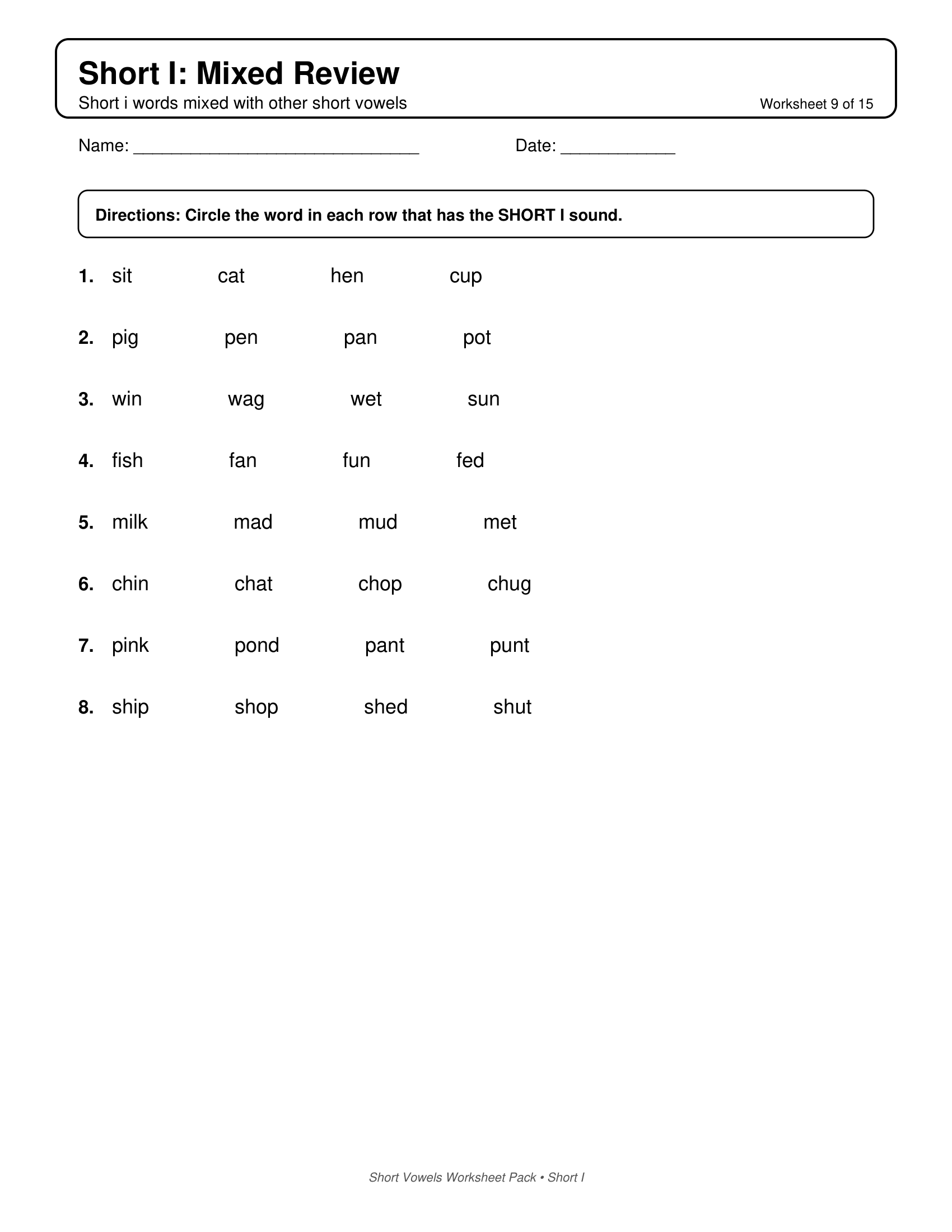 Short I Mixed Short Vowels Worksheets