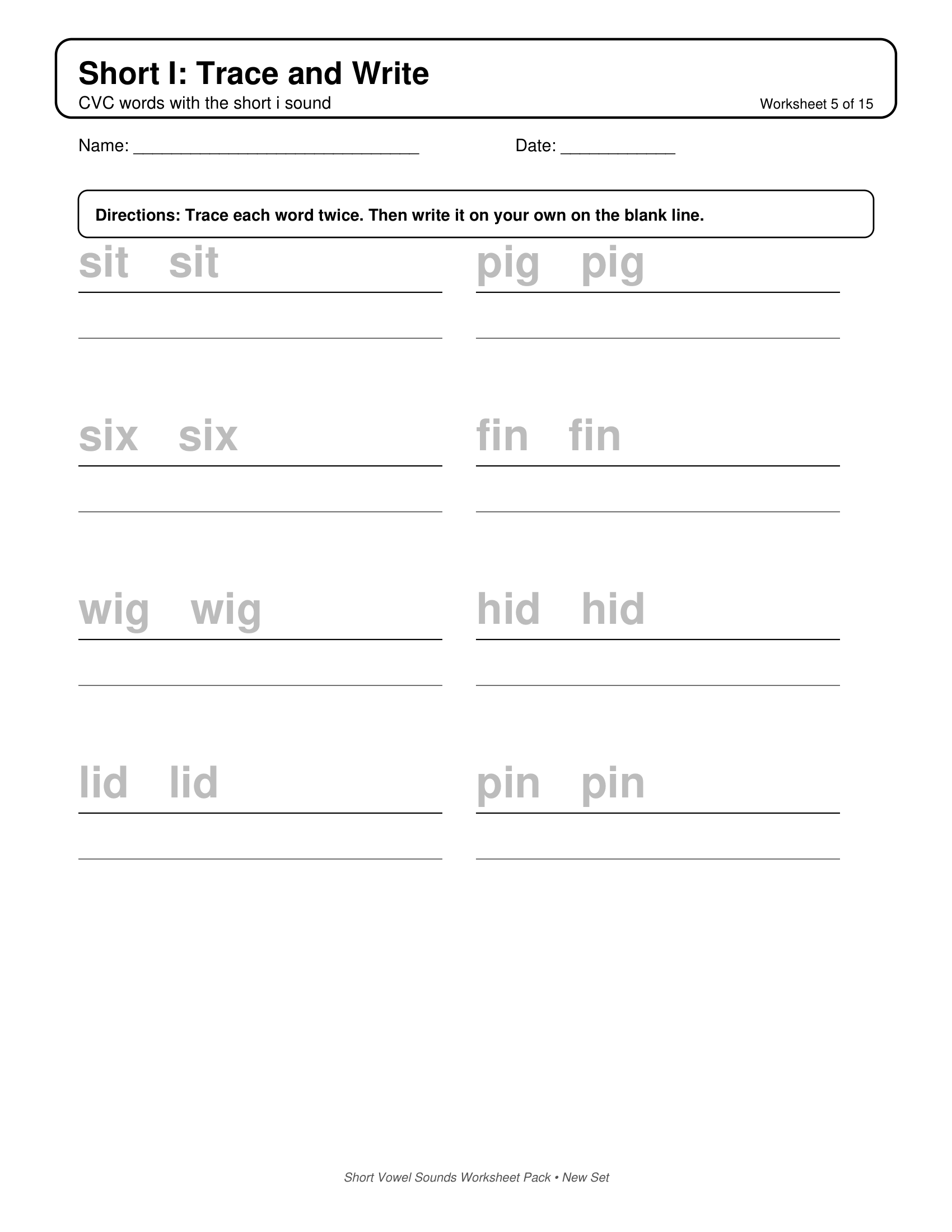 Short I Trace and Write Short Vowels Sounds Worksheets