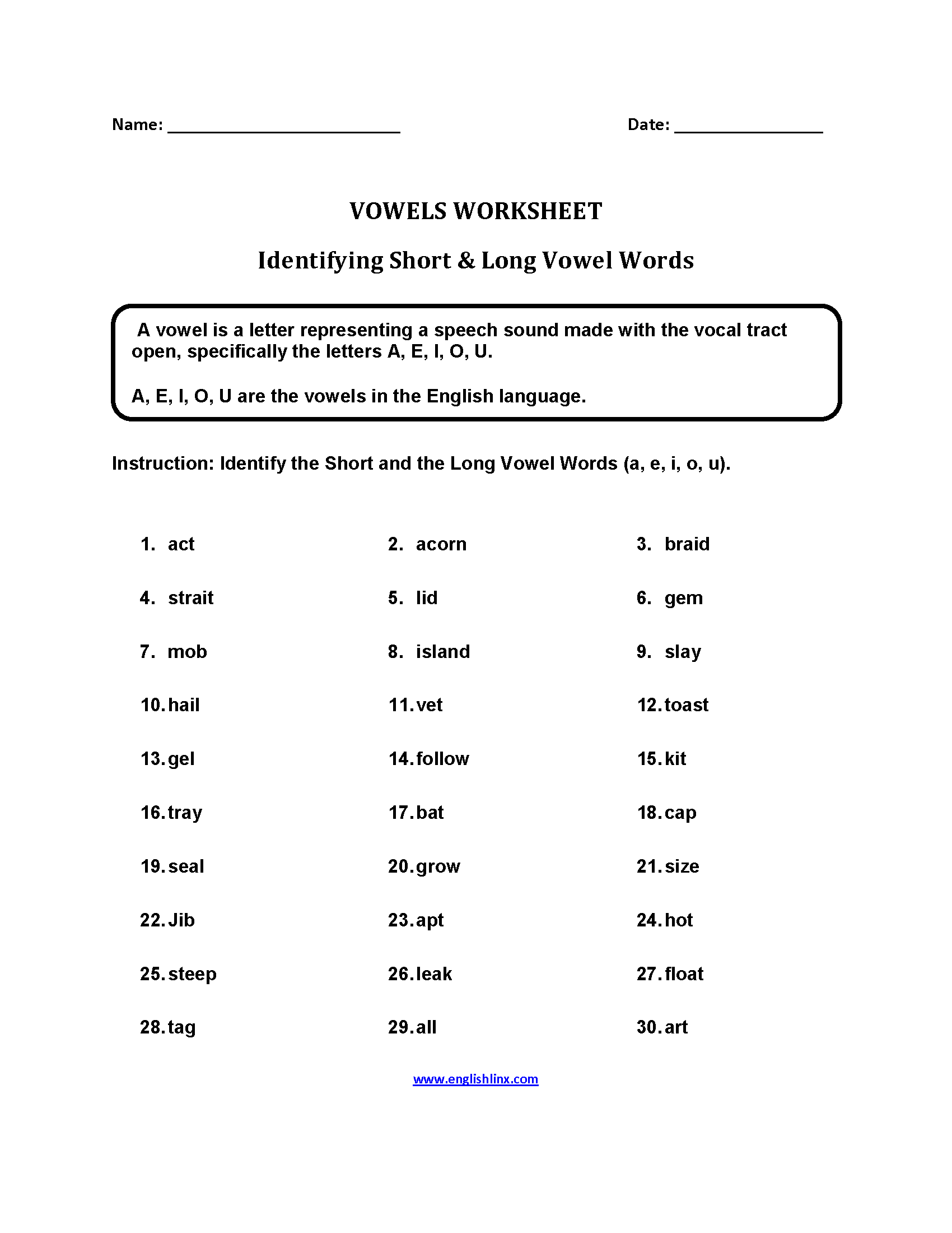 Short and Long Vowel Words Worksheets
