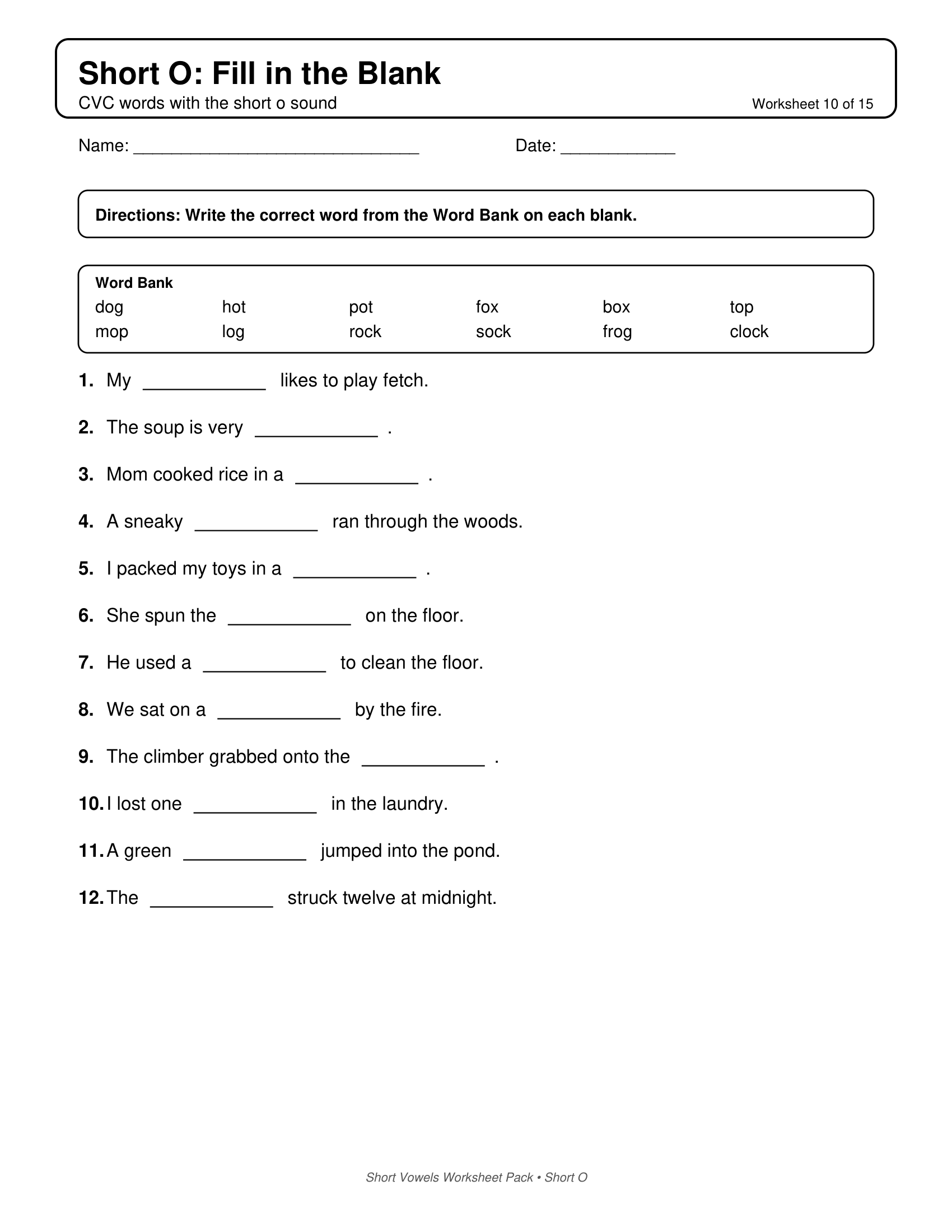 Short O Fill In Short Vowels Worksheets