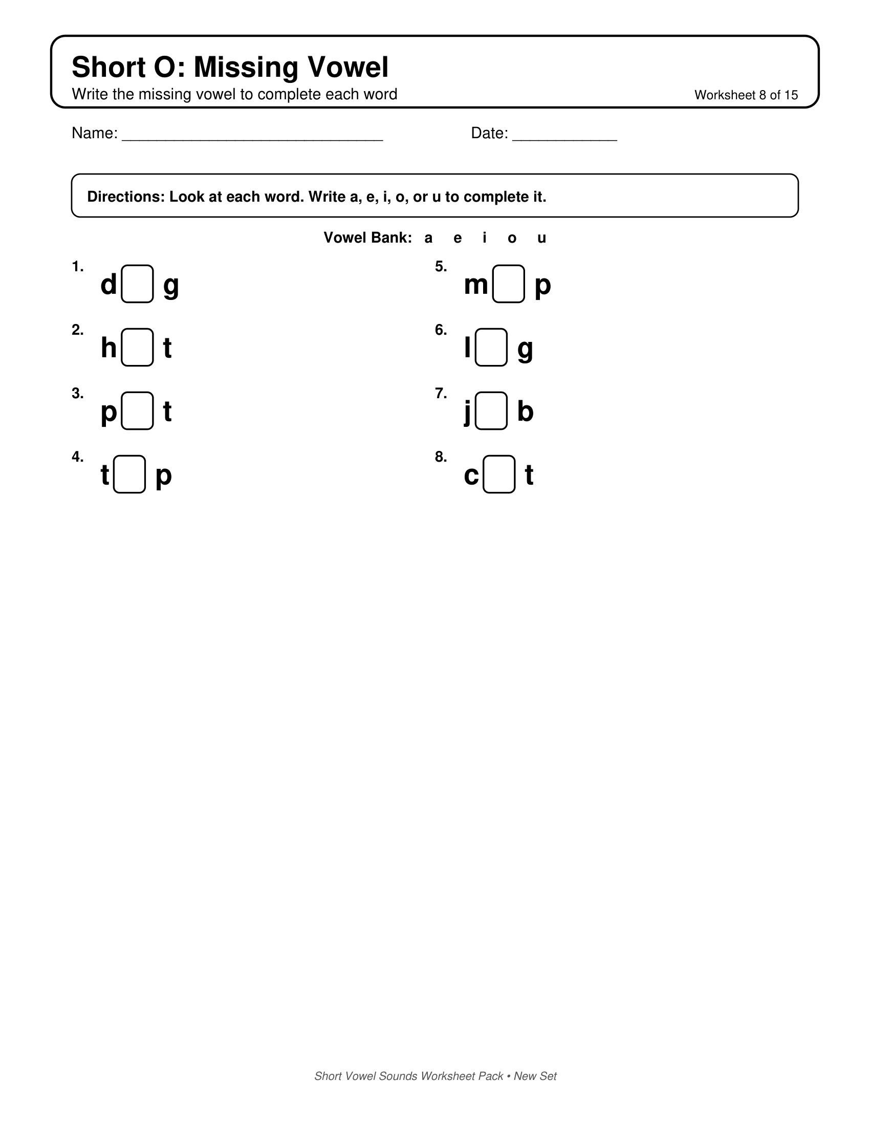 Short O Missing Vowel Short Vowels Sounds Worksheets