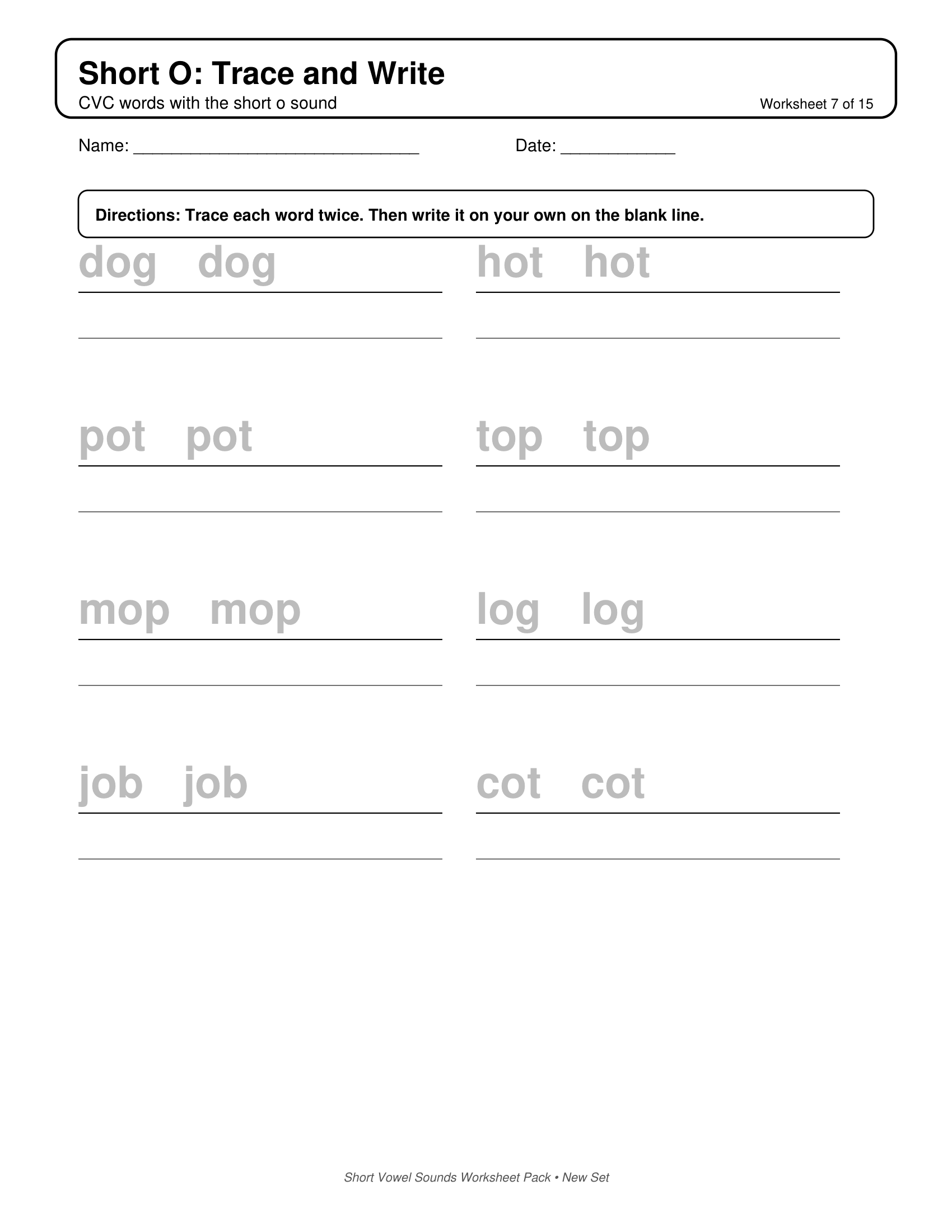 Short O Trace and Write Short Vowels Sounds Worksheets
