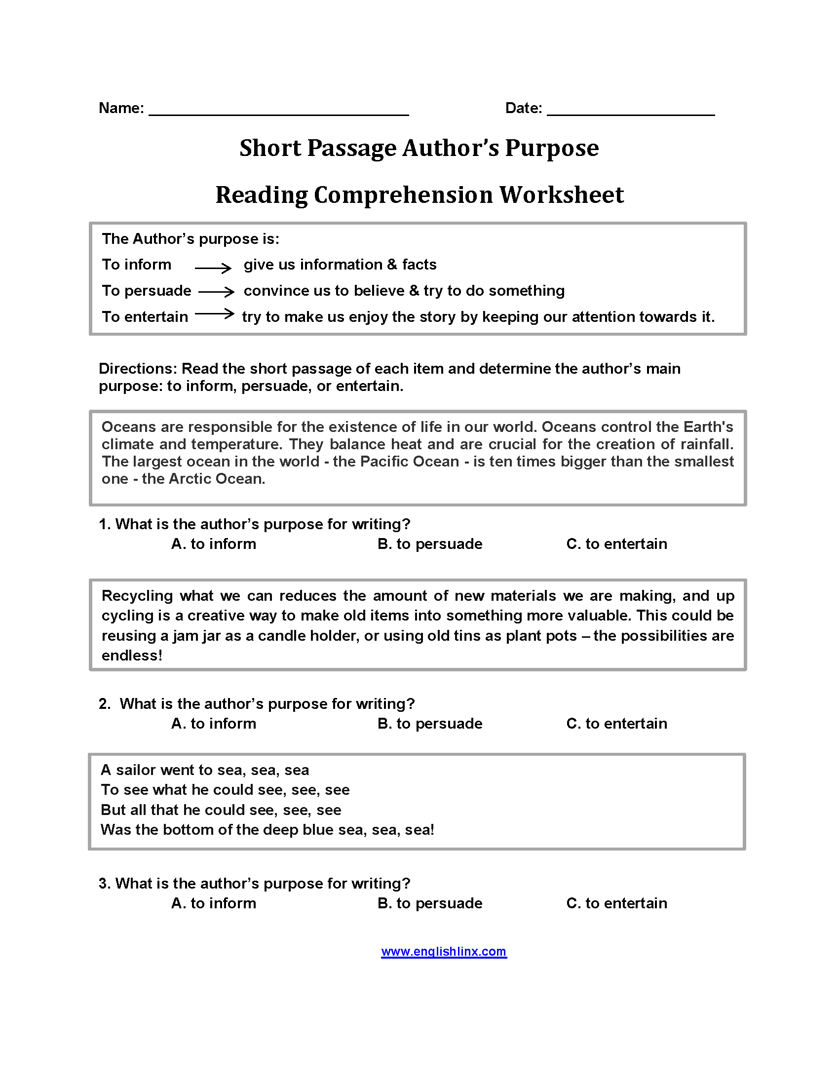 Short Passage Author's Purpose Worksheets