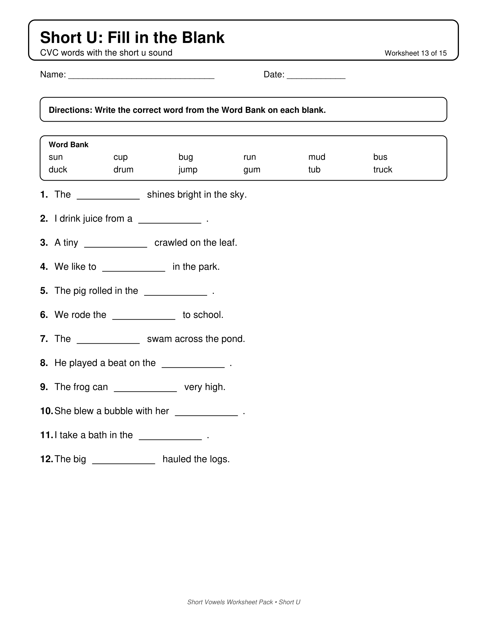 Short U Fill In Short Vowels Worksheets