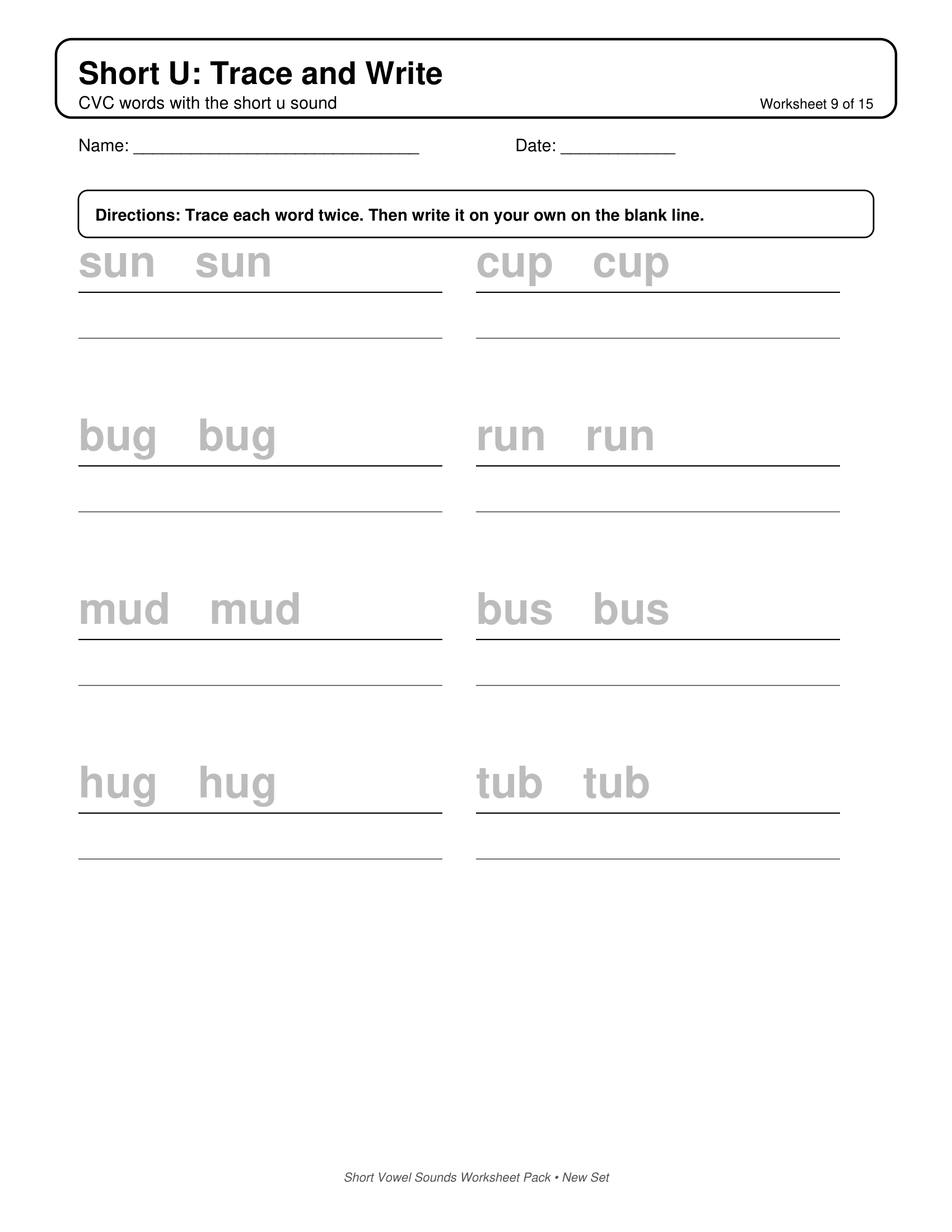 Short U Trace and Write Short Vowels Sounds Worksheets