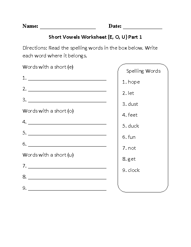 Vowels Worksheets Short Vowels Worksheet E O U